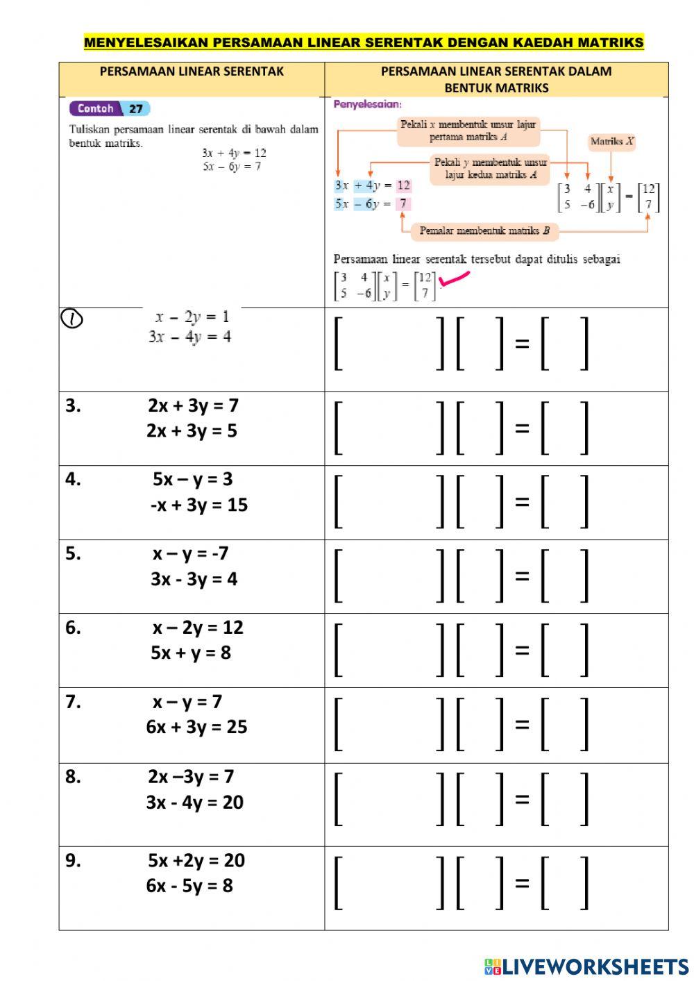 Menulis persamaan linear serentak dalam bentuk matriks