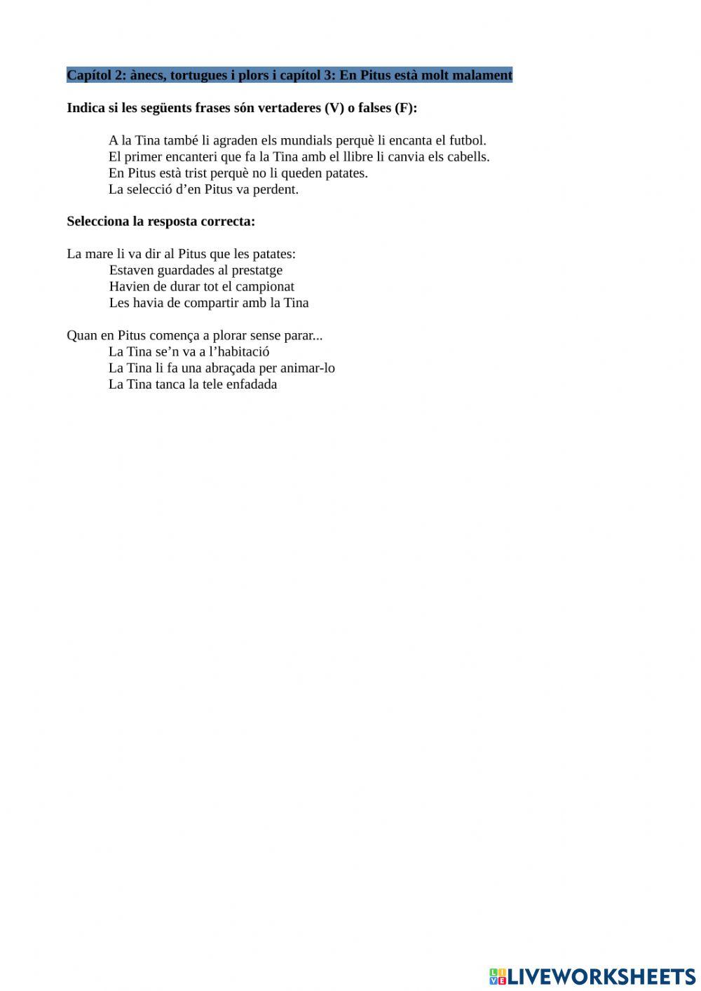 Comprensió Tina Superbruixa i en Pitus: El partit de futbol embruixat Cap.2 i 3