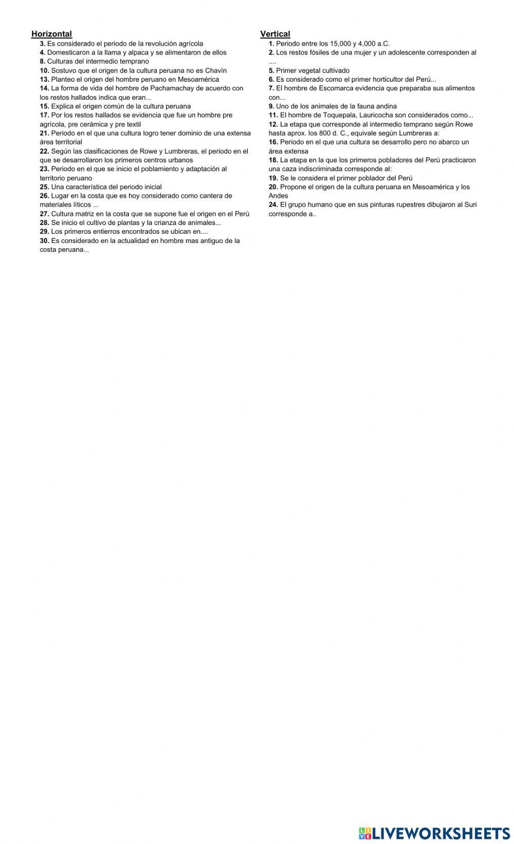 Crucigrama Orígenes de la cultura andina