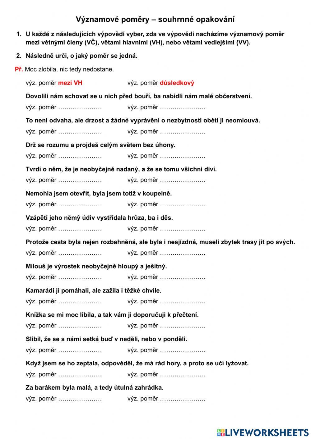 Významové poměry – souhrnný test