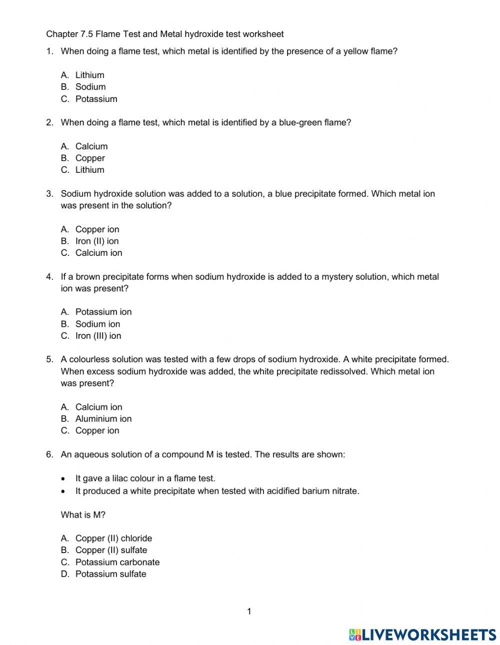 Flame test past year questions worksheet