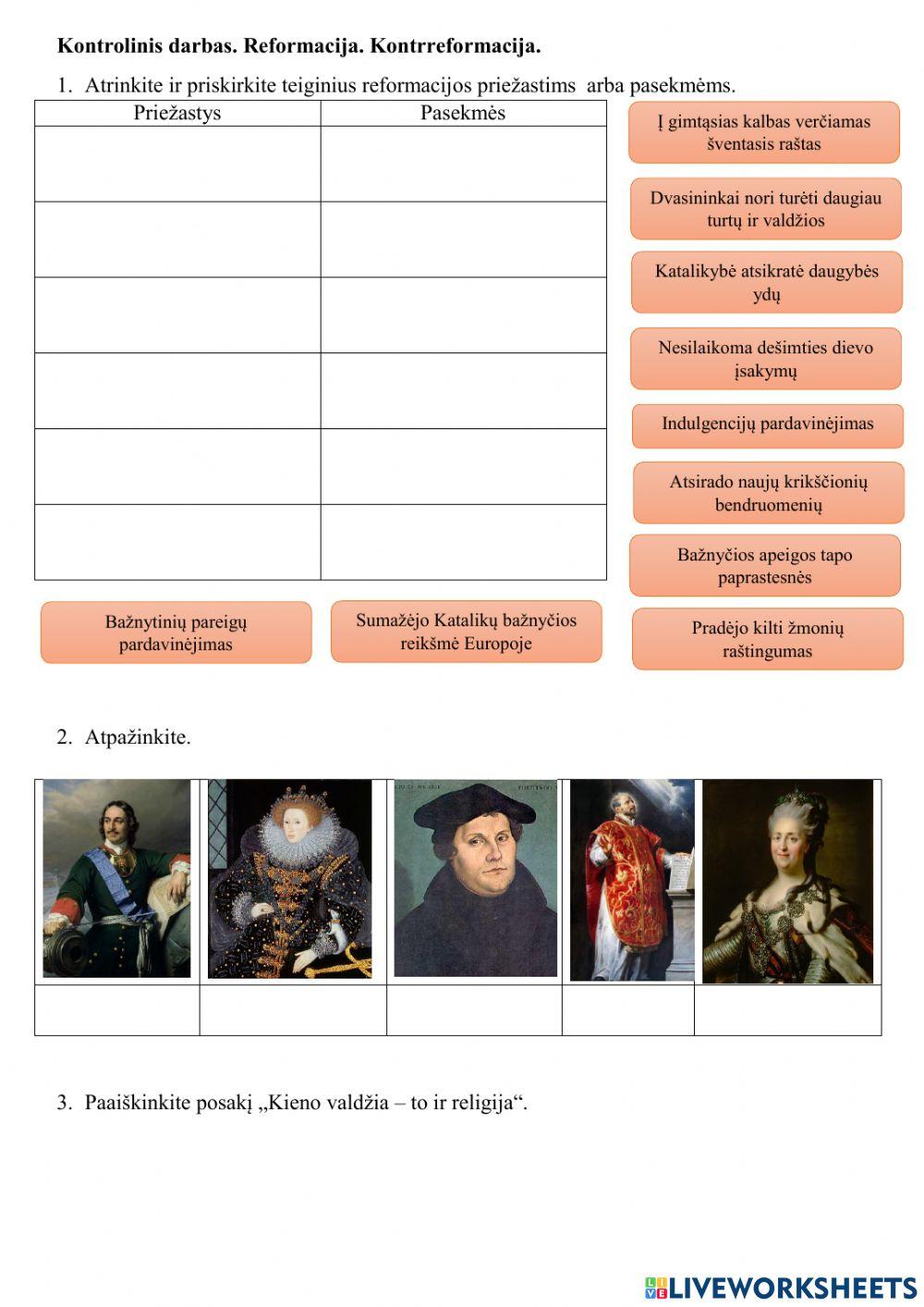 Kontrolinis darbas. Reformacija. Kontrrreformacija