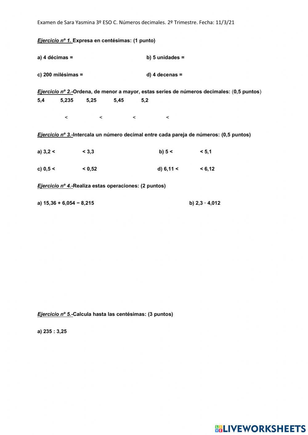 Examen de numeros decimales 1º eso