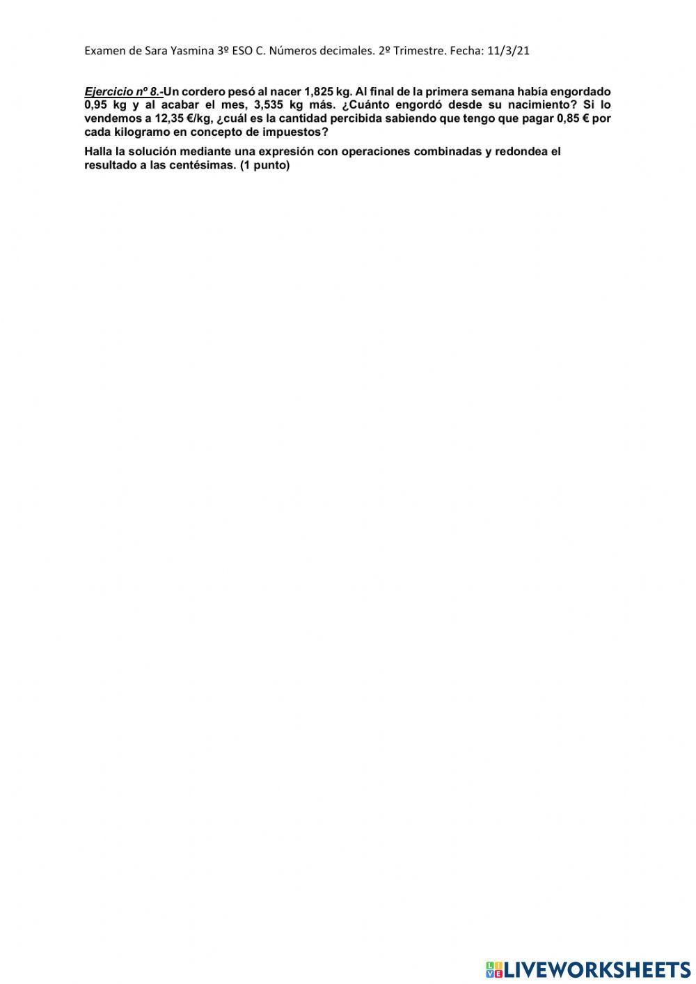 Examen de numeros decimales 1º eso