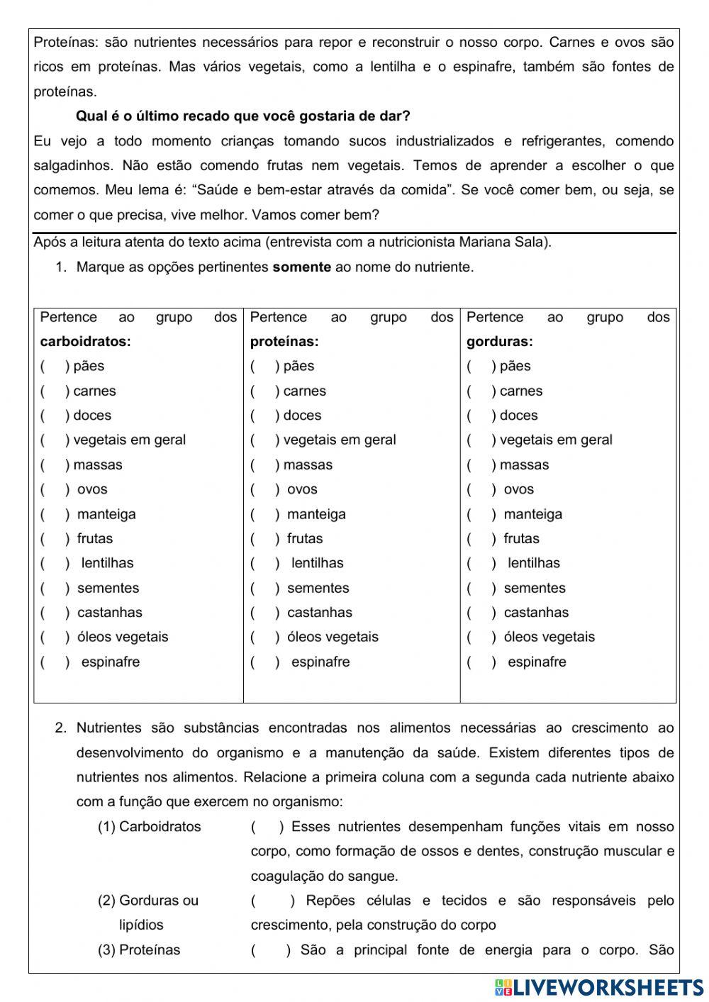 Nutriente dos alimentos