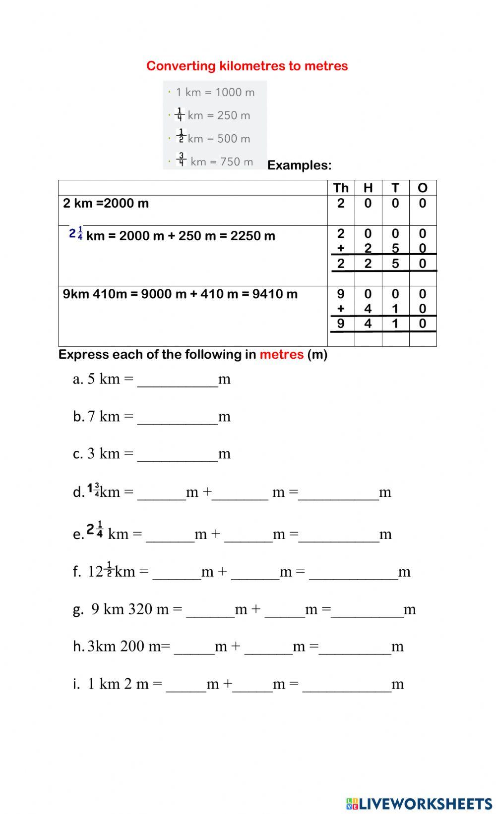 km to m worksheet