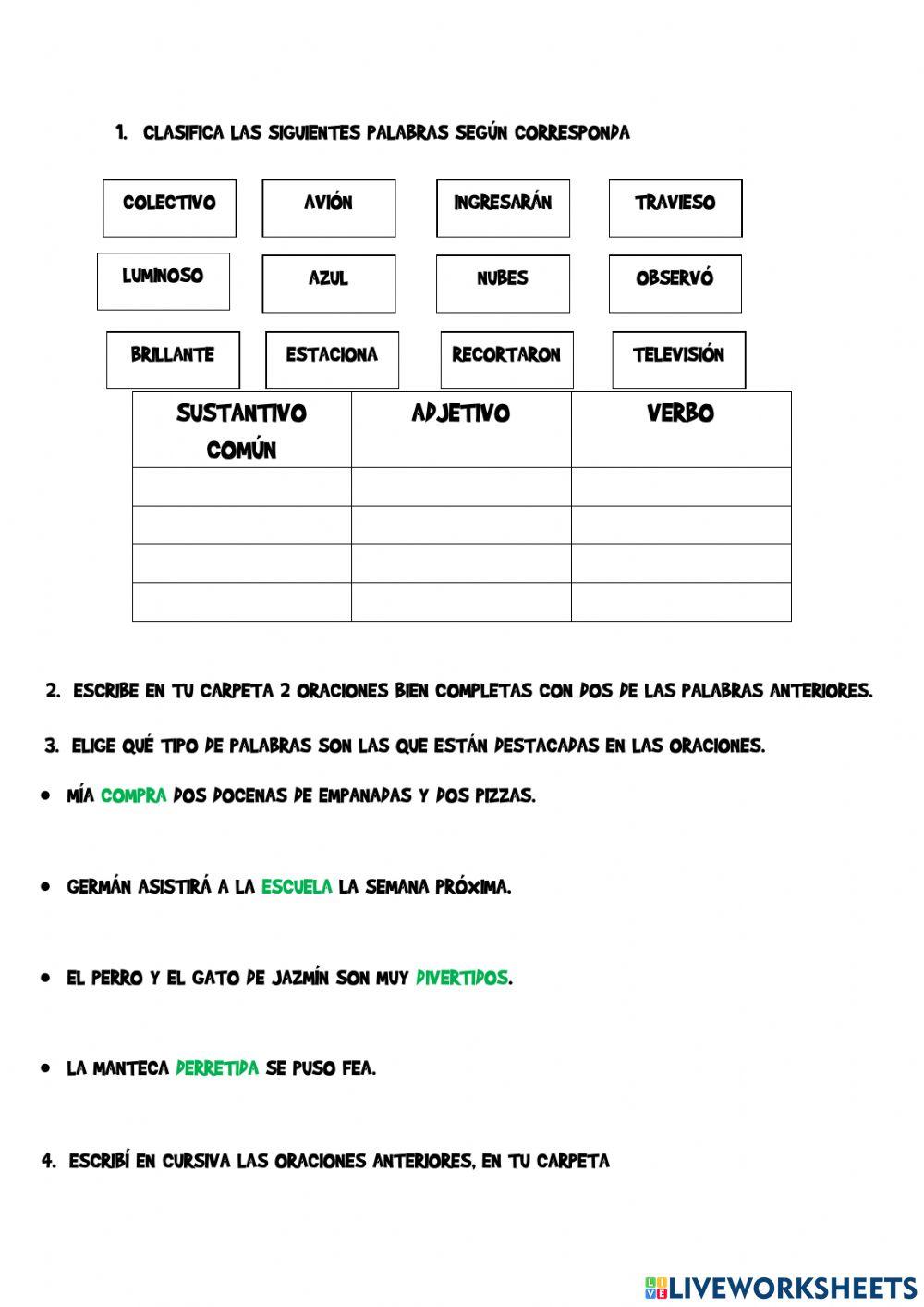 Sustantivos, adjetivos y verbos