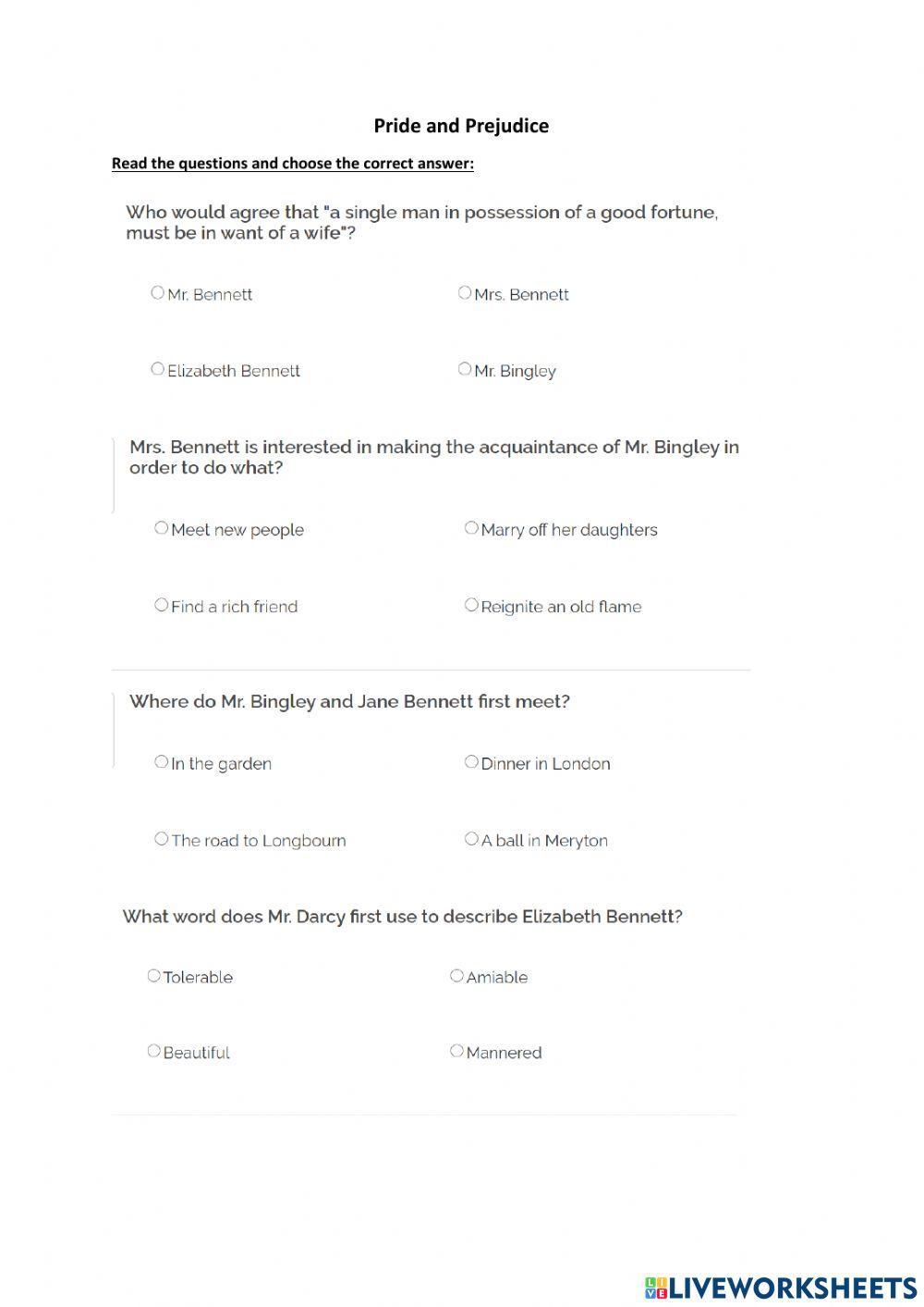 Pride and Prejudice comprehension questions