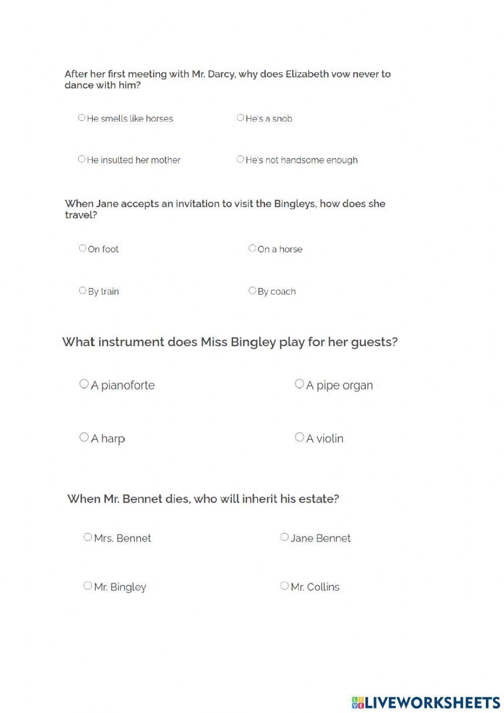 Pride and Prejudice comprehension questions