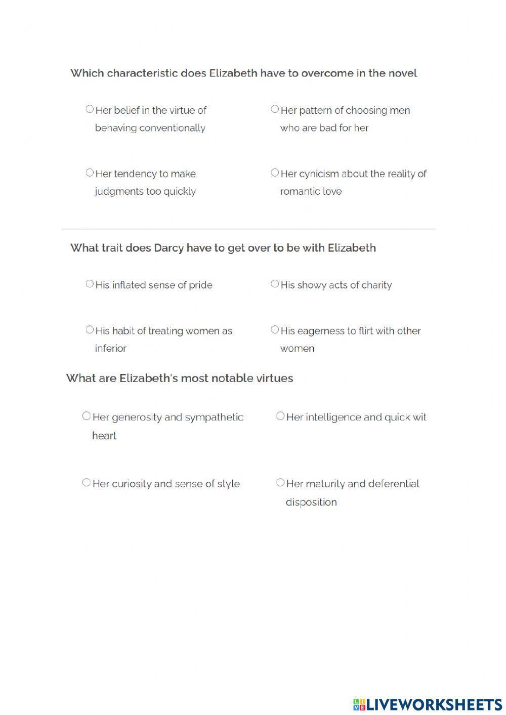 Pride and Prejudice comprehension questions