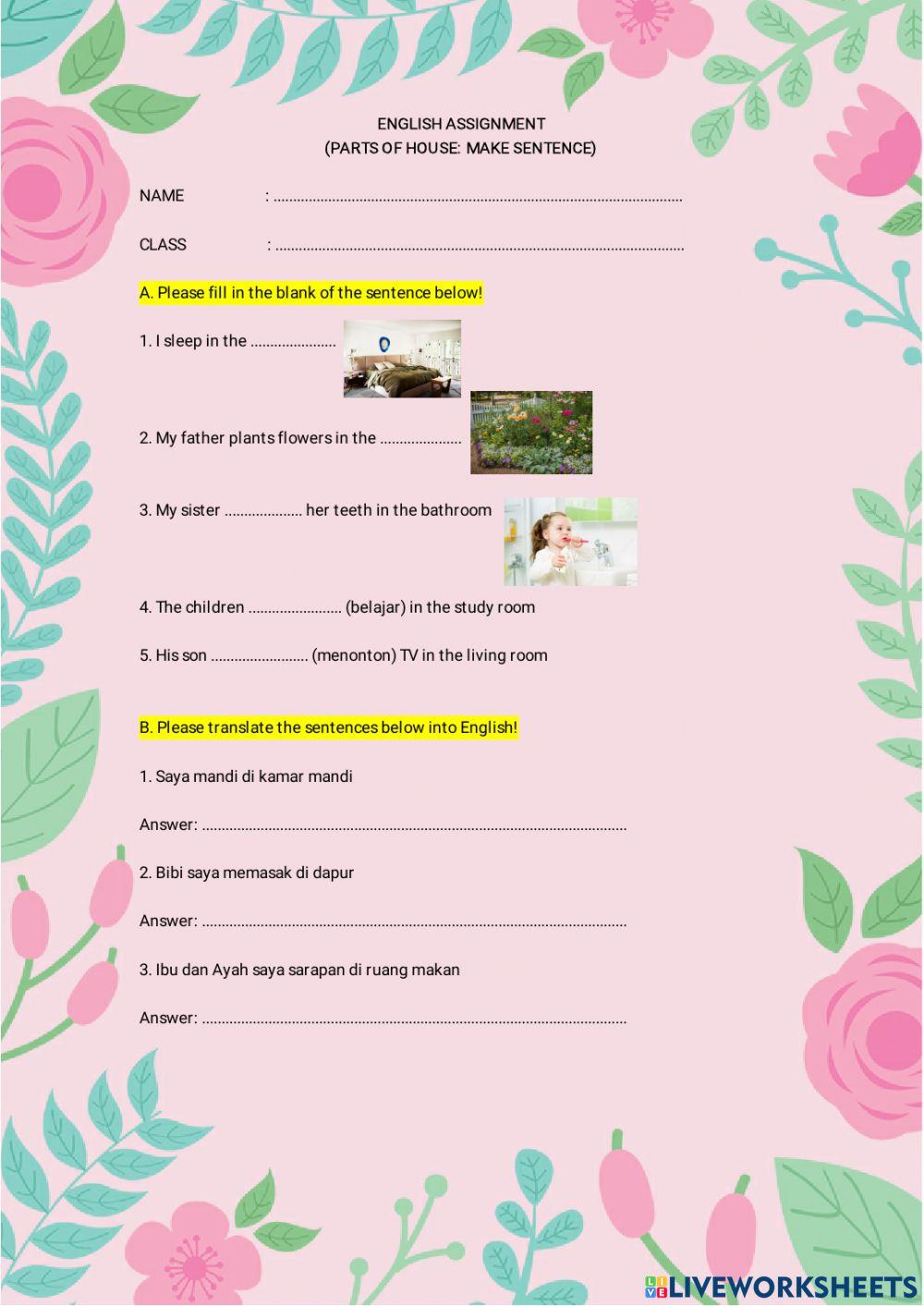 Parts of house (make sentence) worksheet Live Worksheets