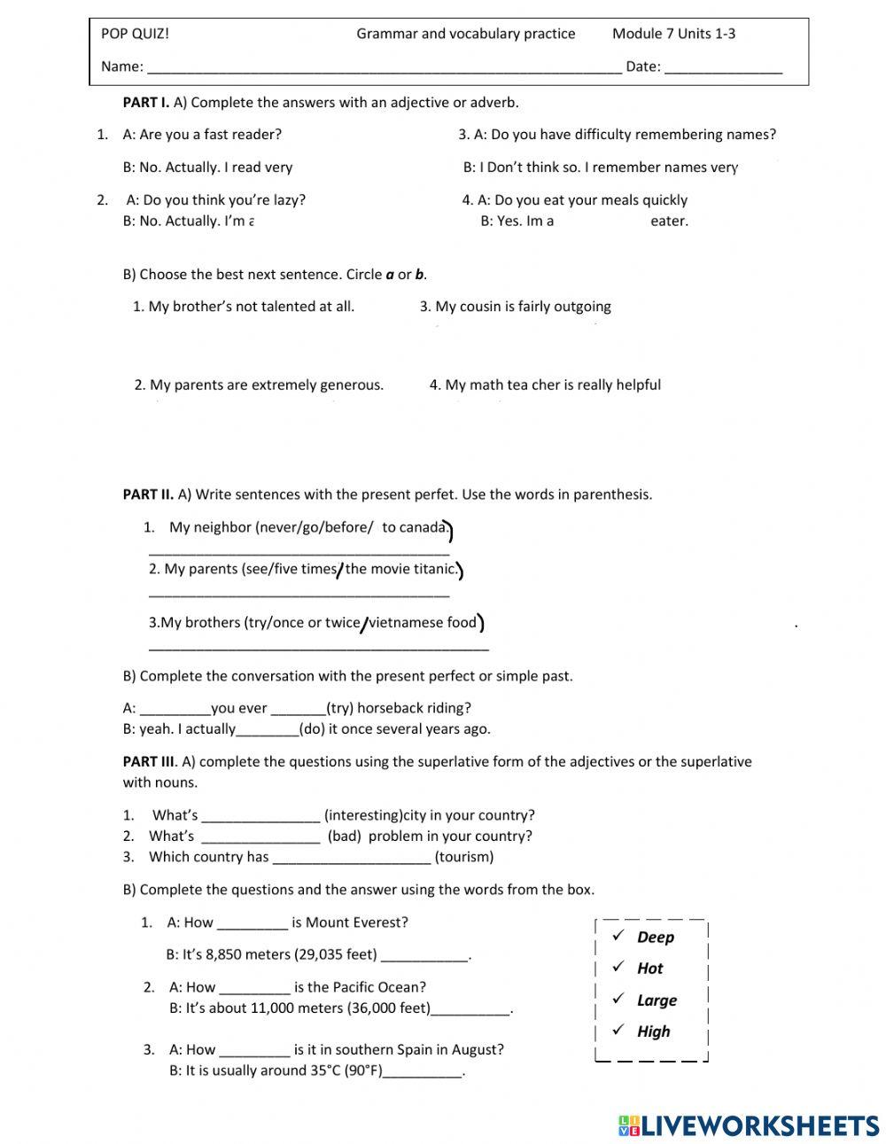 Pop quiz Mod 7 Units 1-3