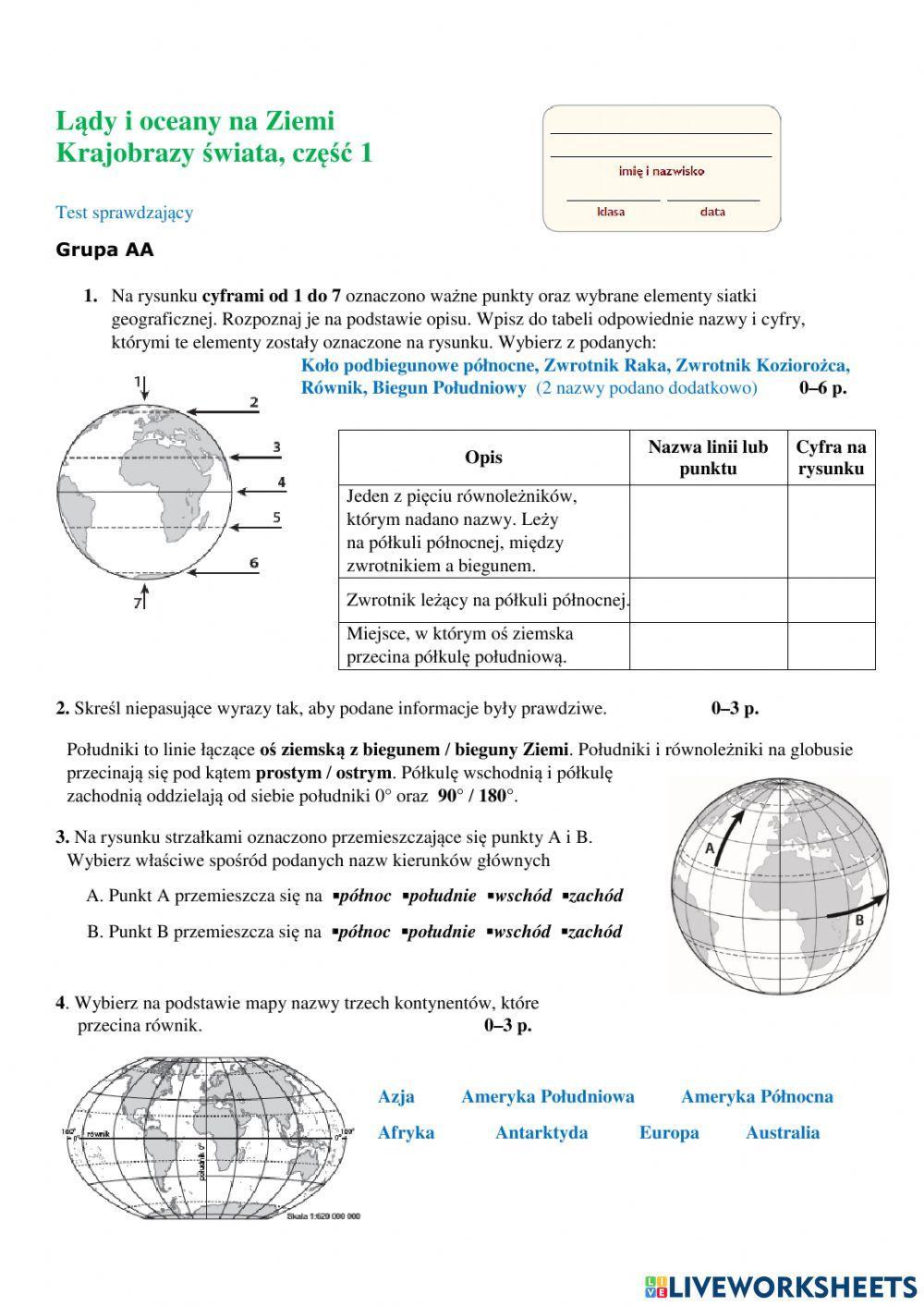 Lądy i oceany na kuli ziemskiej