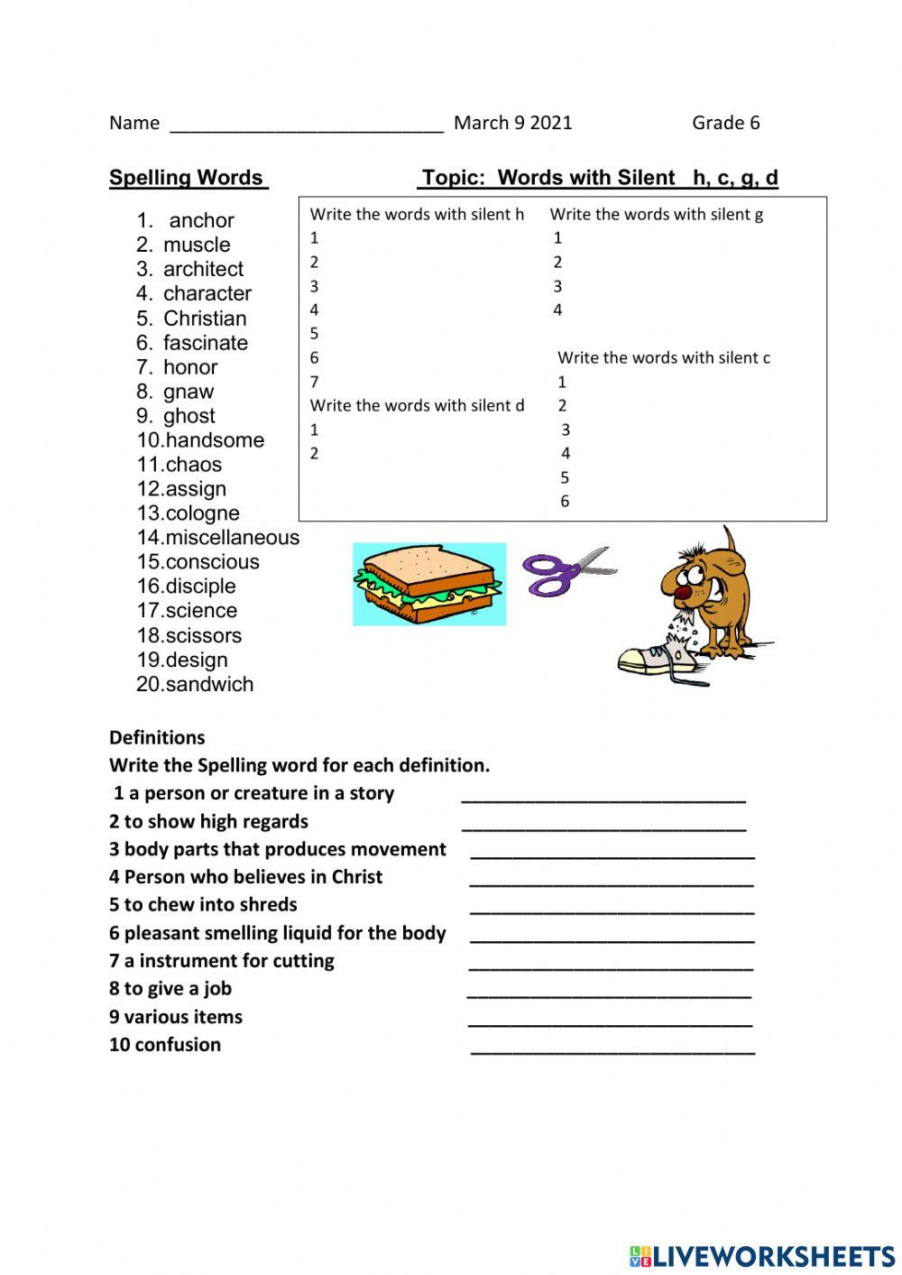 Spelling words with Silent h   g c   and d