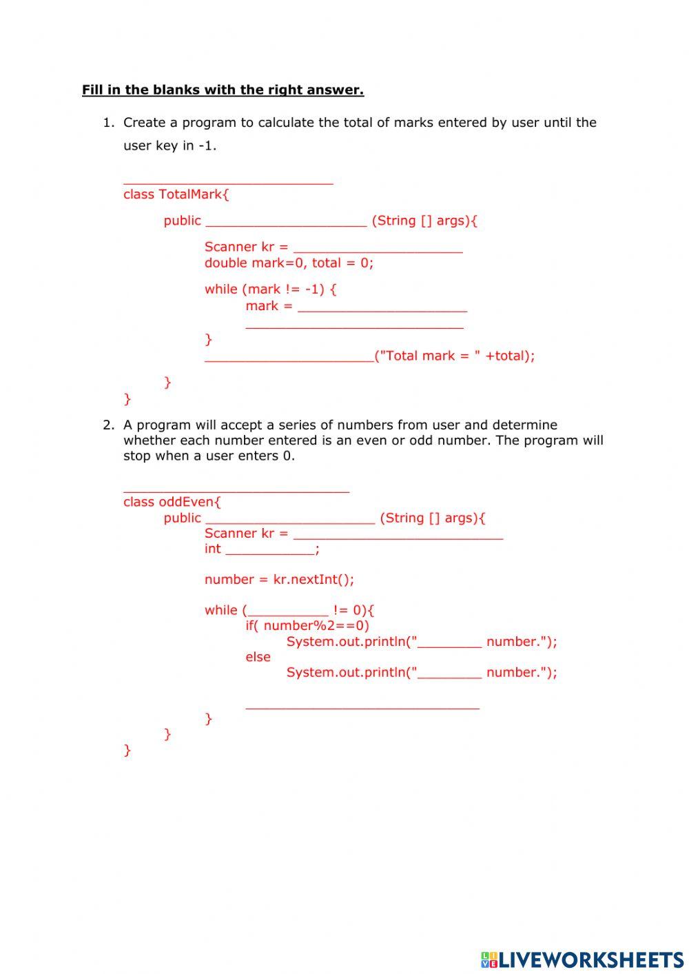Java Programming exercise | Live Worksheets