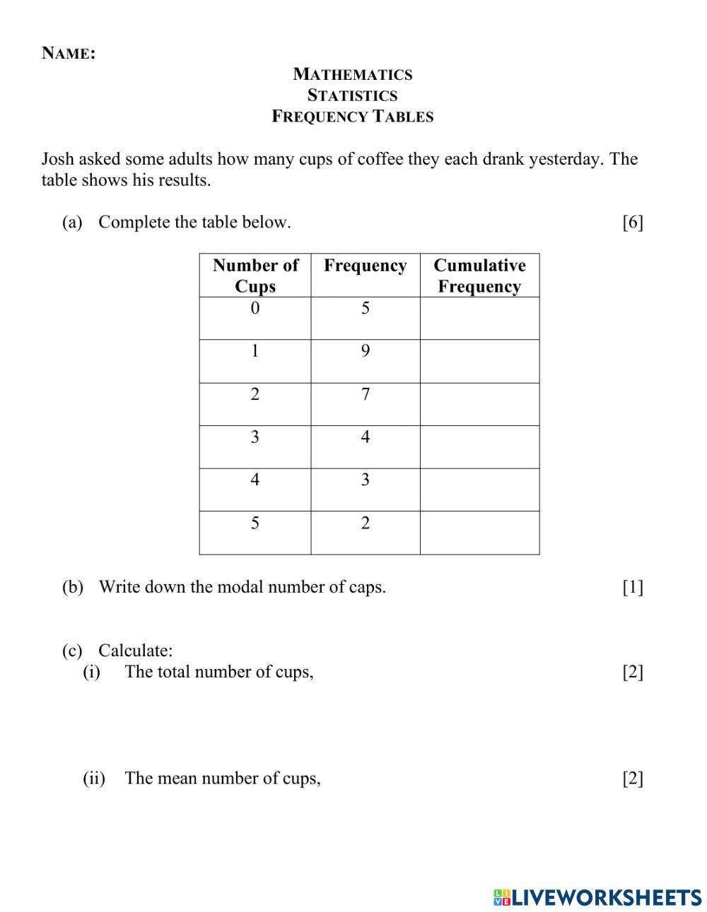 Frequency tables online exercise for live worksheets