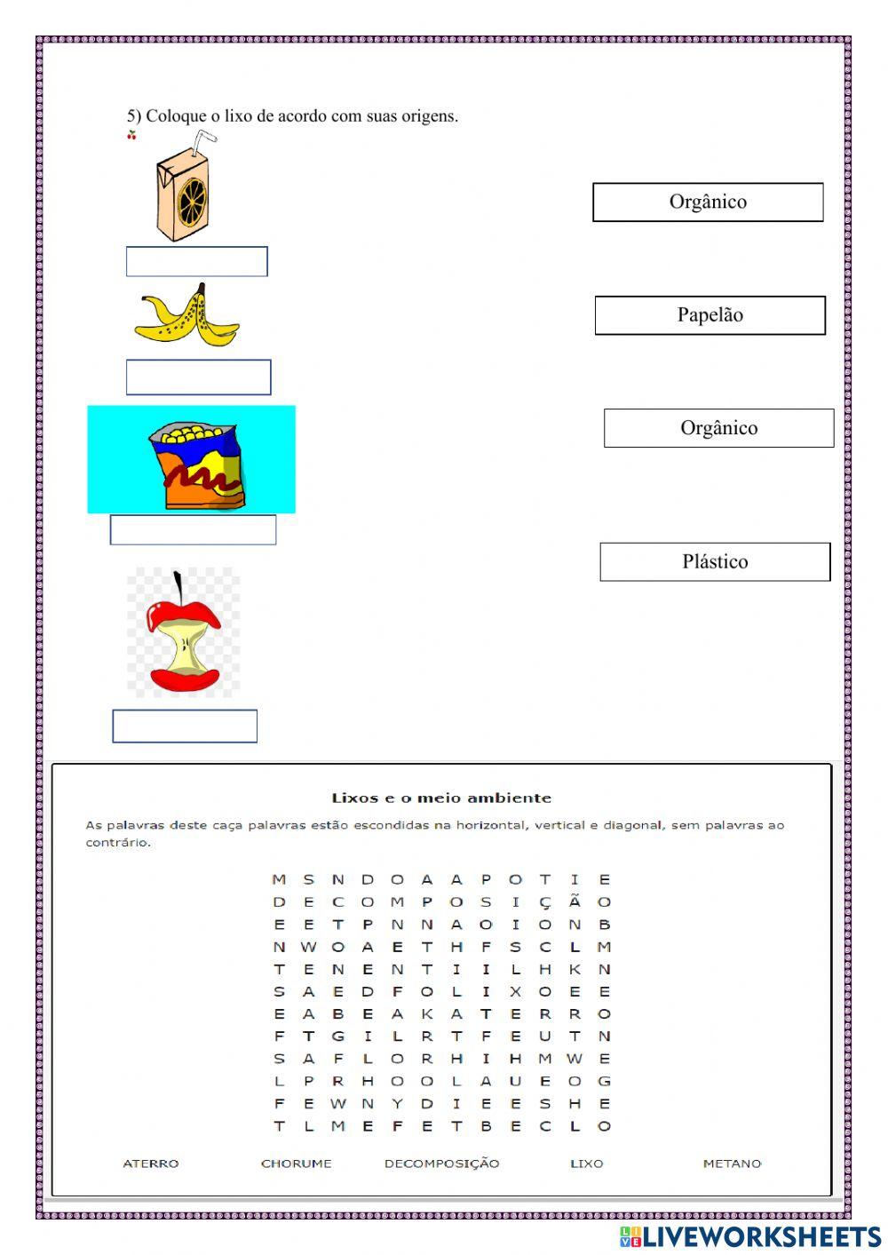 Atividade de ciência lixo e meio ambiente