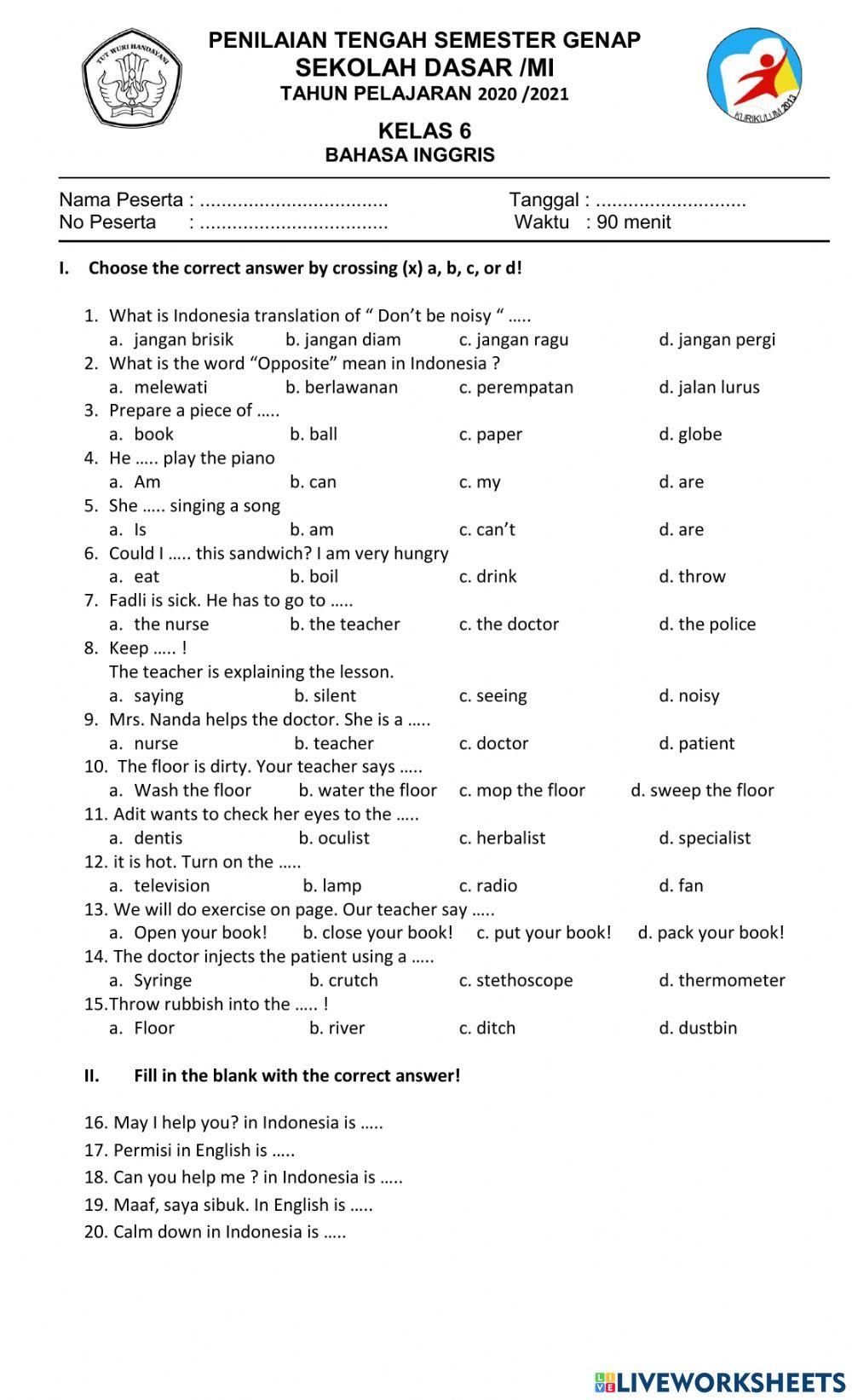 Soal PTS Semester 2 B.INGGRIS kelas 6B