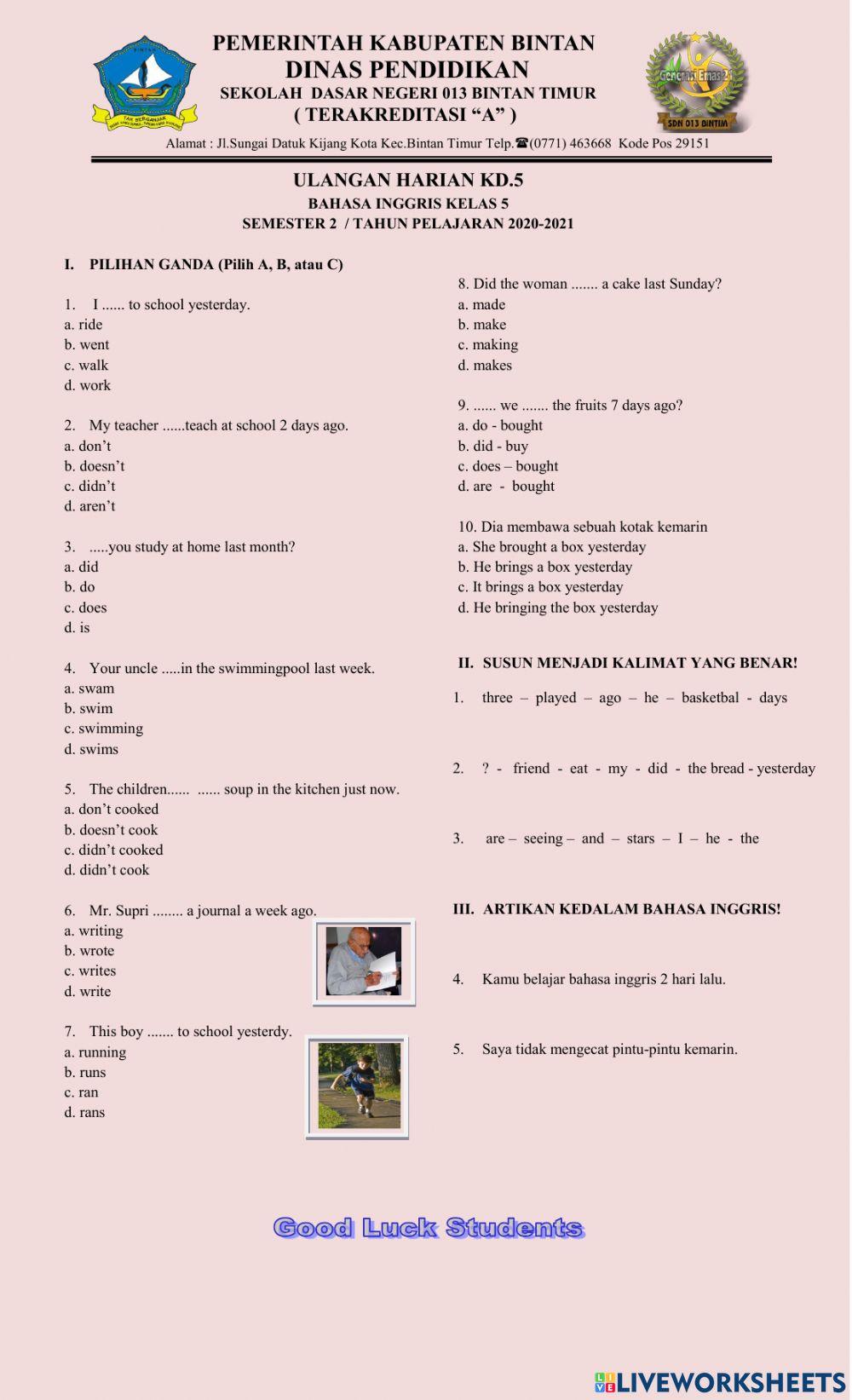 Ulangan harian bhs.inggris KD.5 kls 5 (09-03-2021)