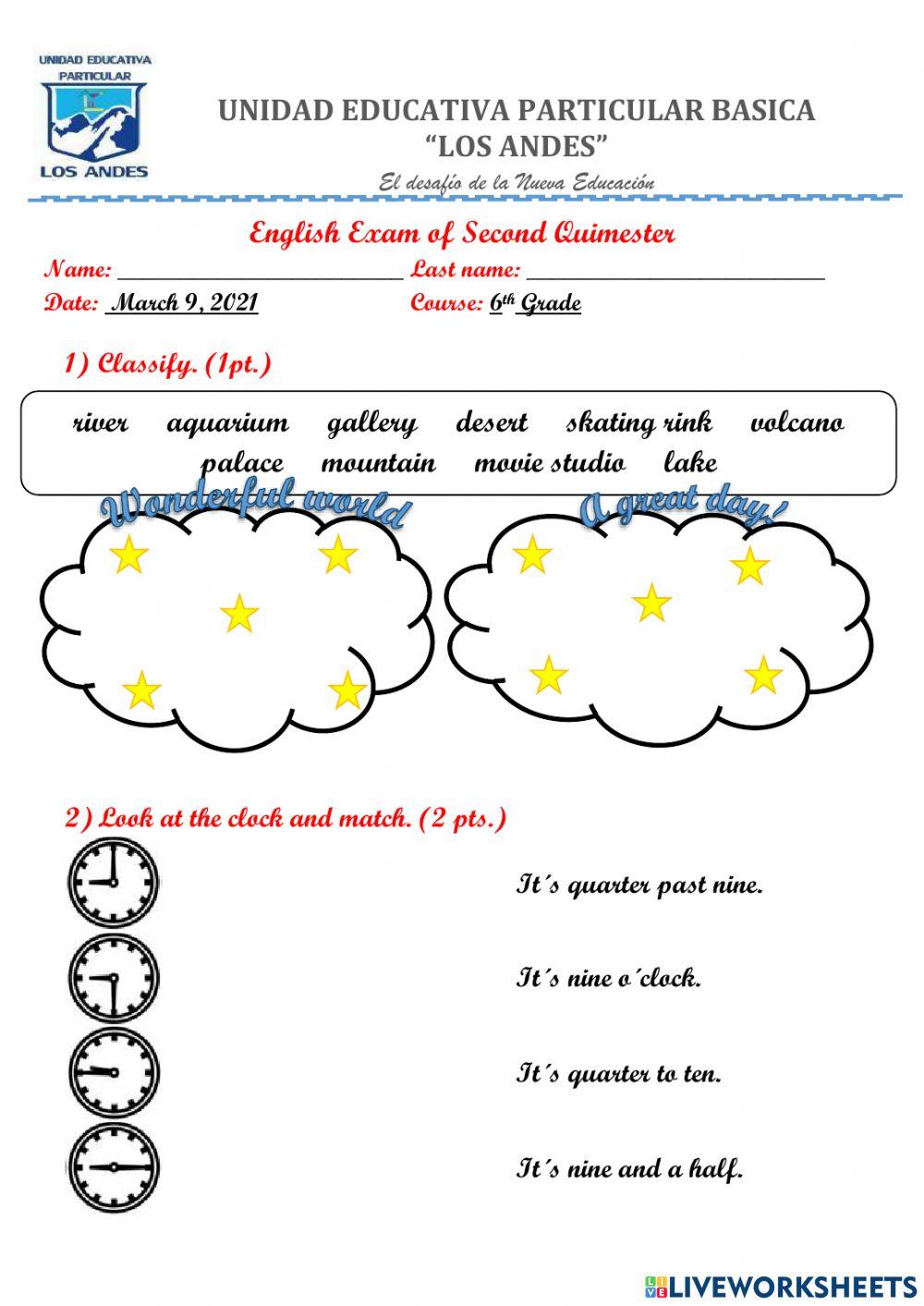 English exam 6th grade 2 term