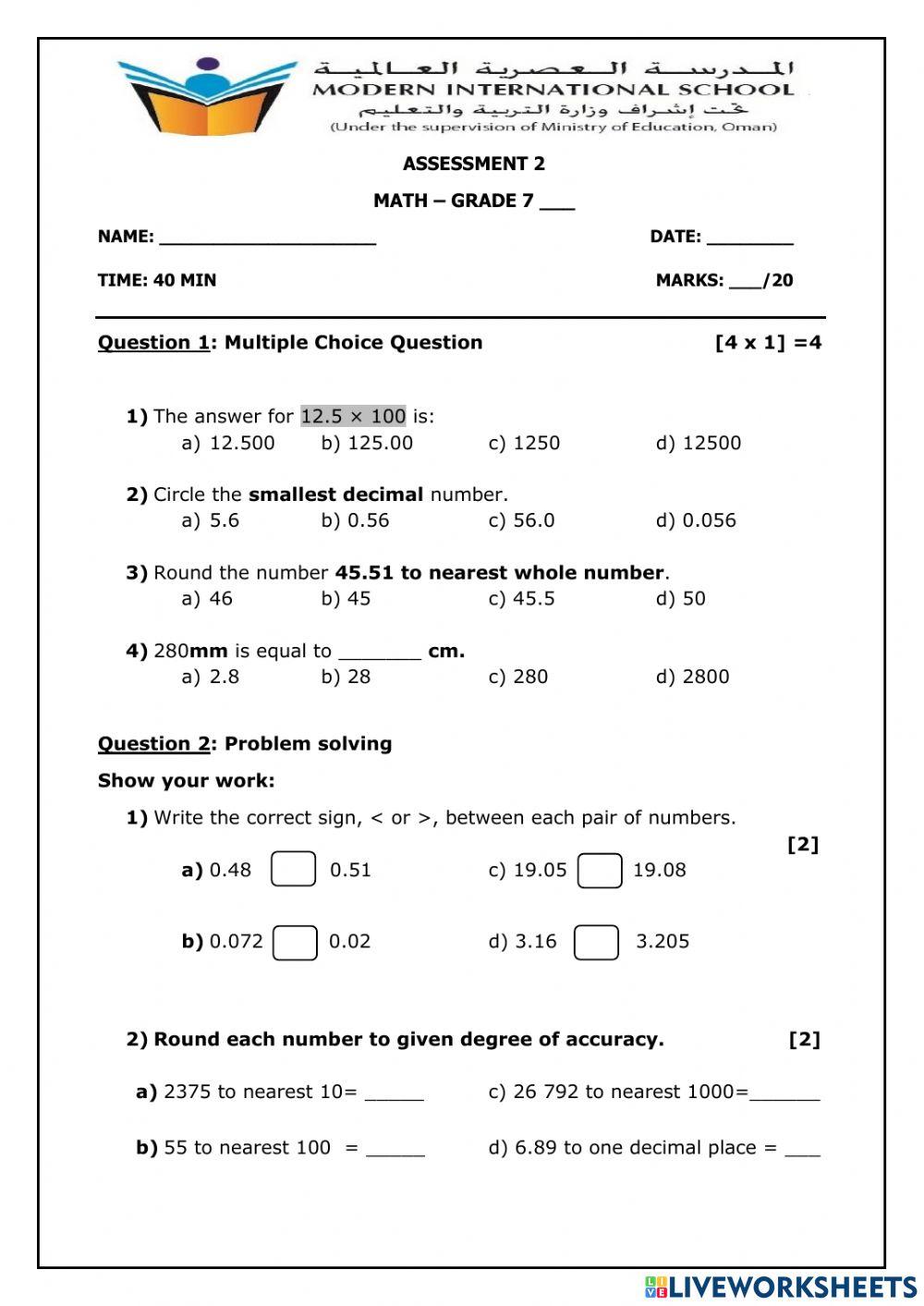 Assessment 2 - 7Maths