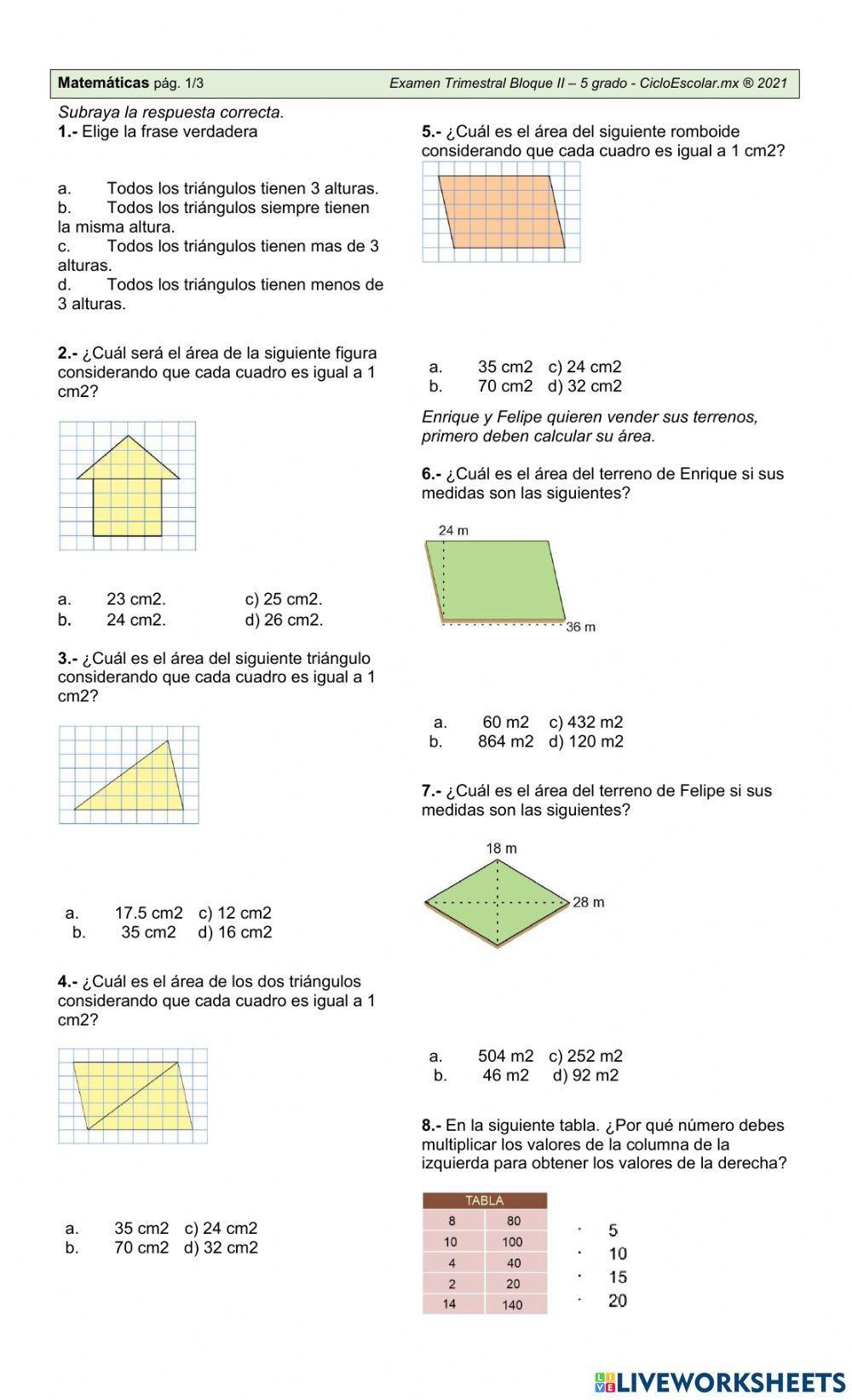 Examen de matemáticas segundo trimestre