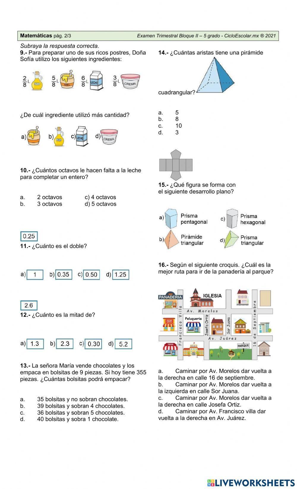 Examen de matemáticas segundo trimestre