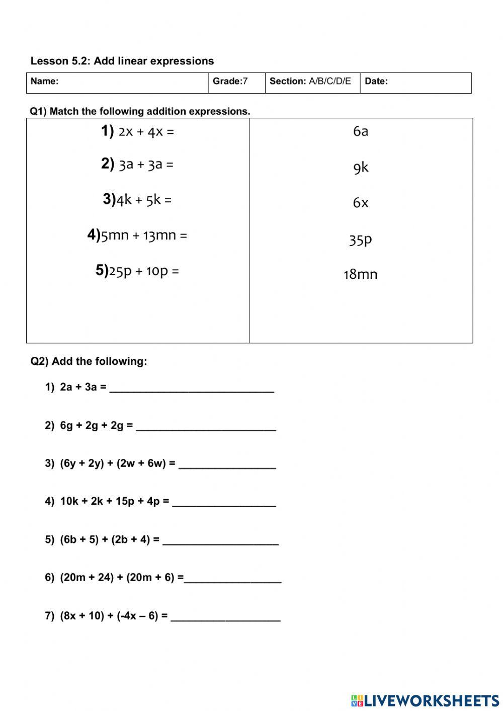 Linear expressions addition and subtraction