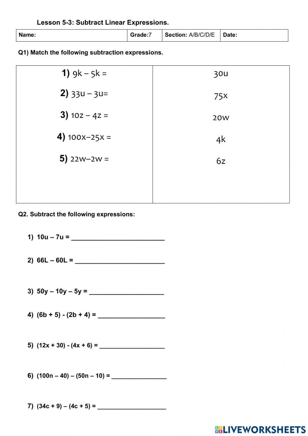 Linear expressions addition and subtraction