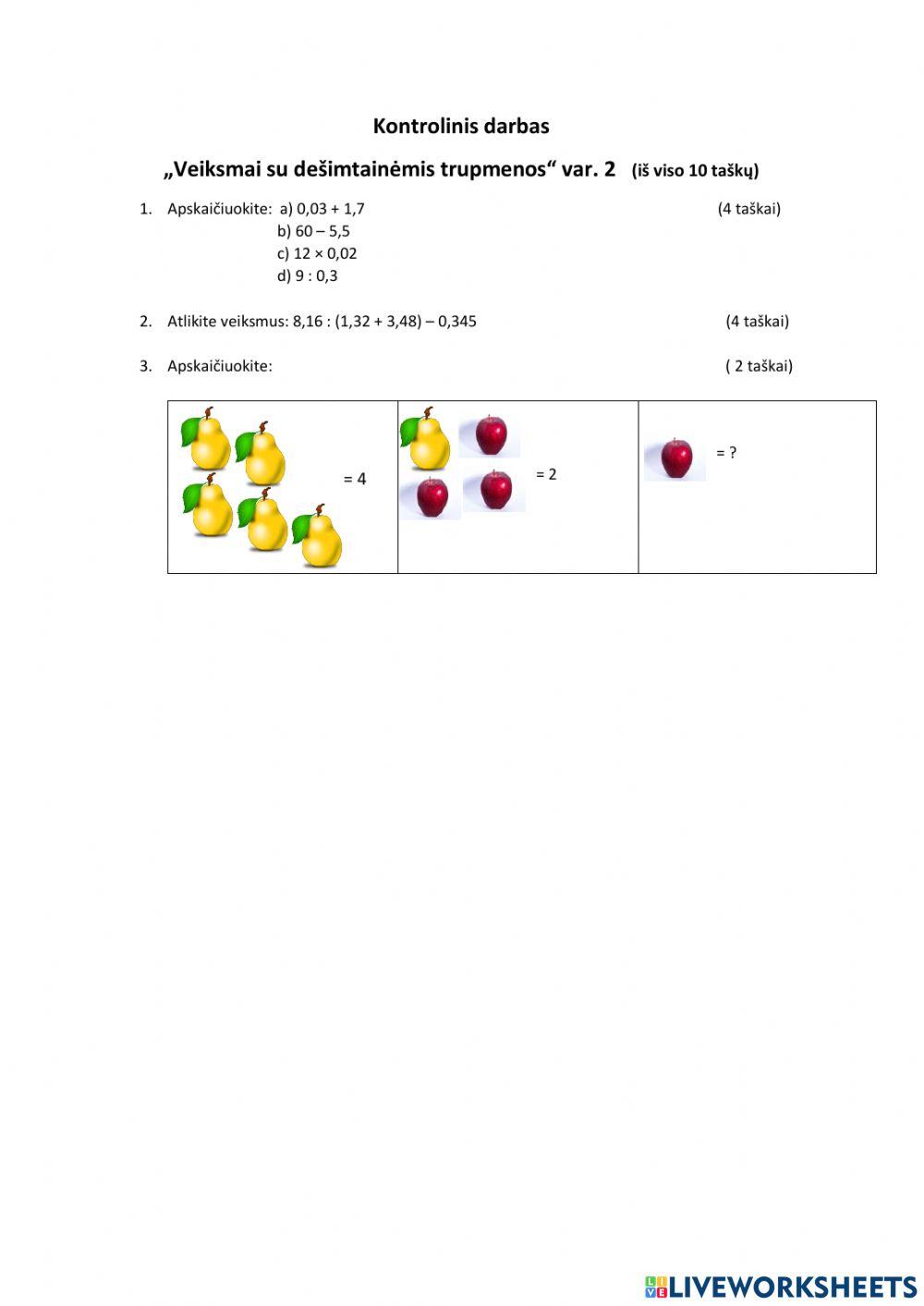 Veiksmai su dešimtainiais skaičiais