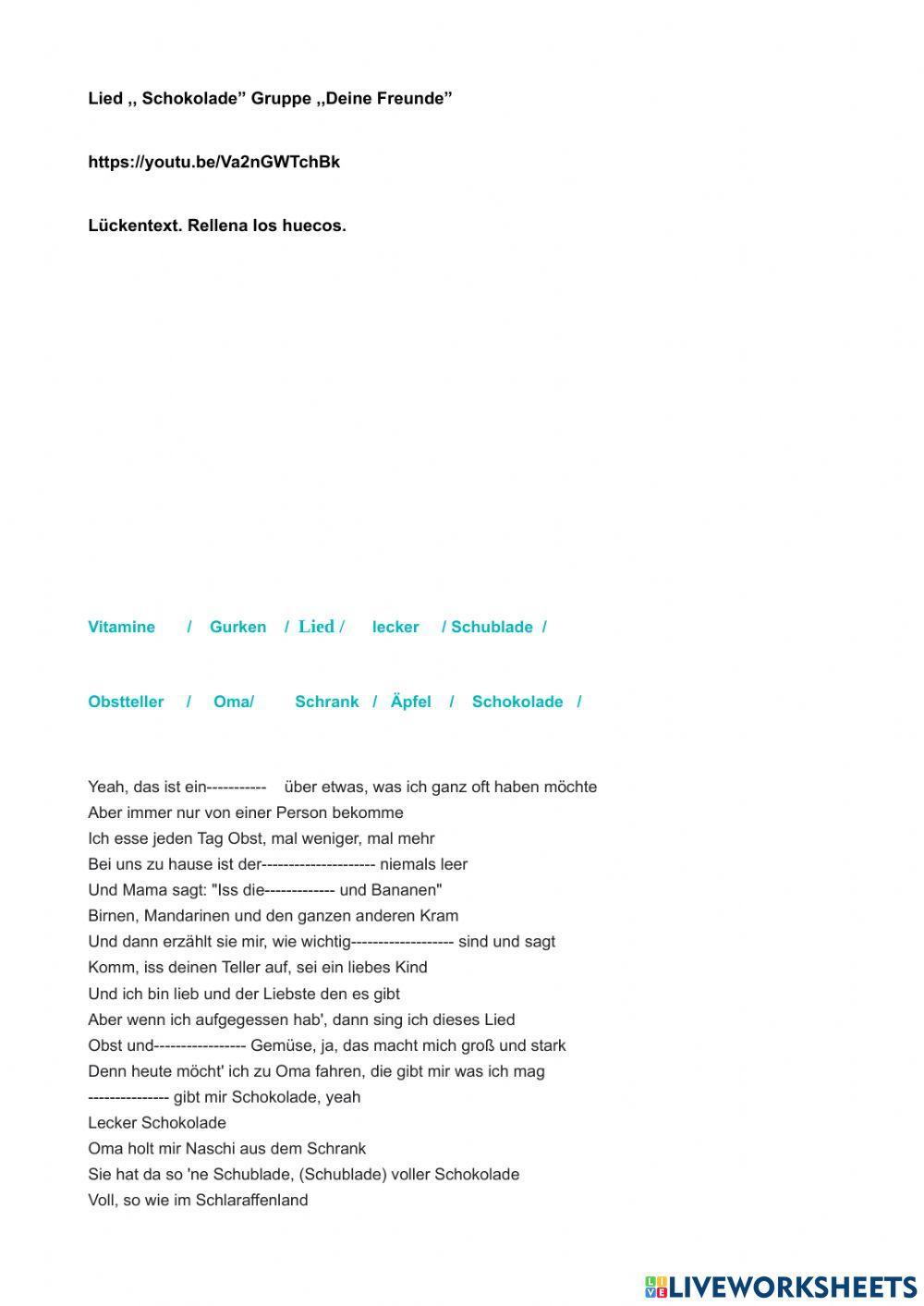Lückentext Lied Schokolade Gruppe Deinde Freunde