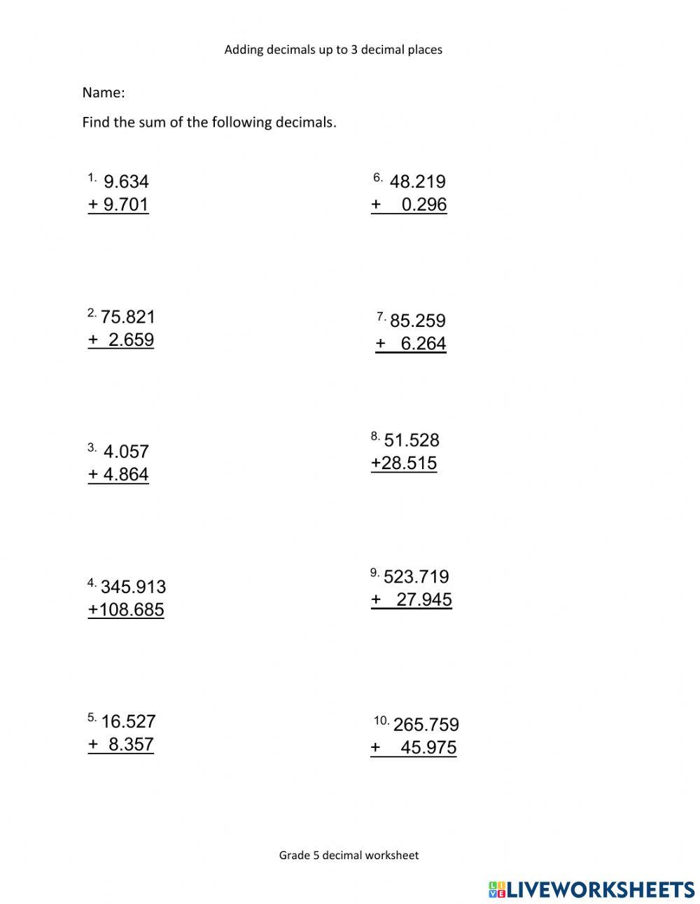 Addition of Decimals