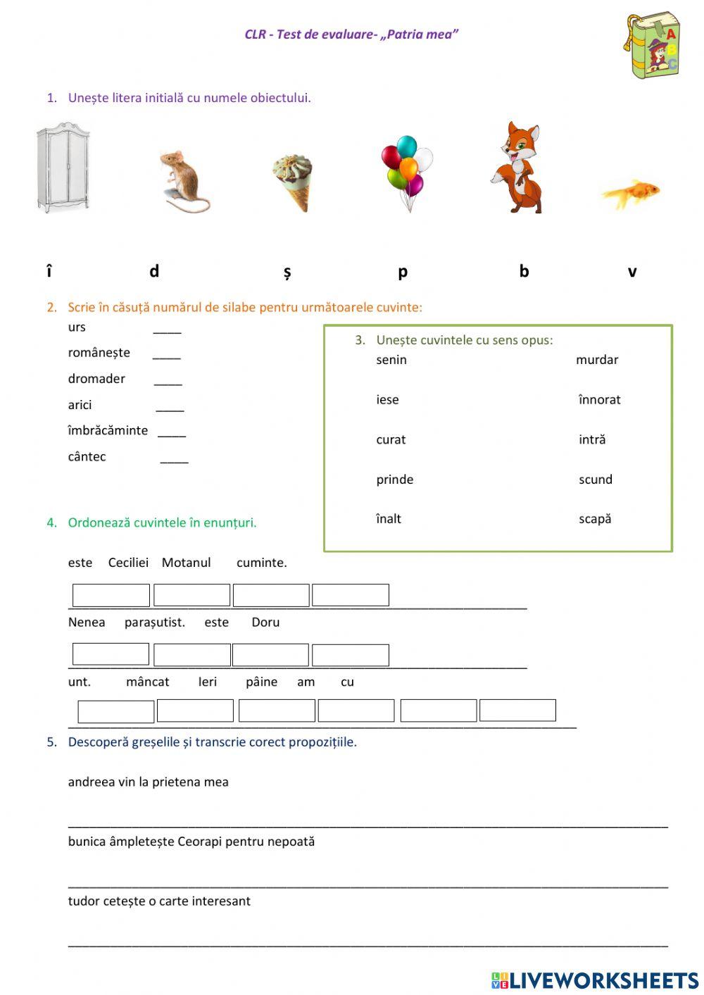 CLR - Test de evaluare -Unitatea „Patria mea”
