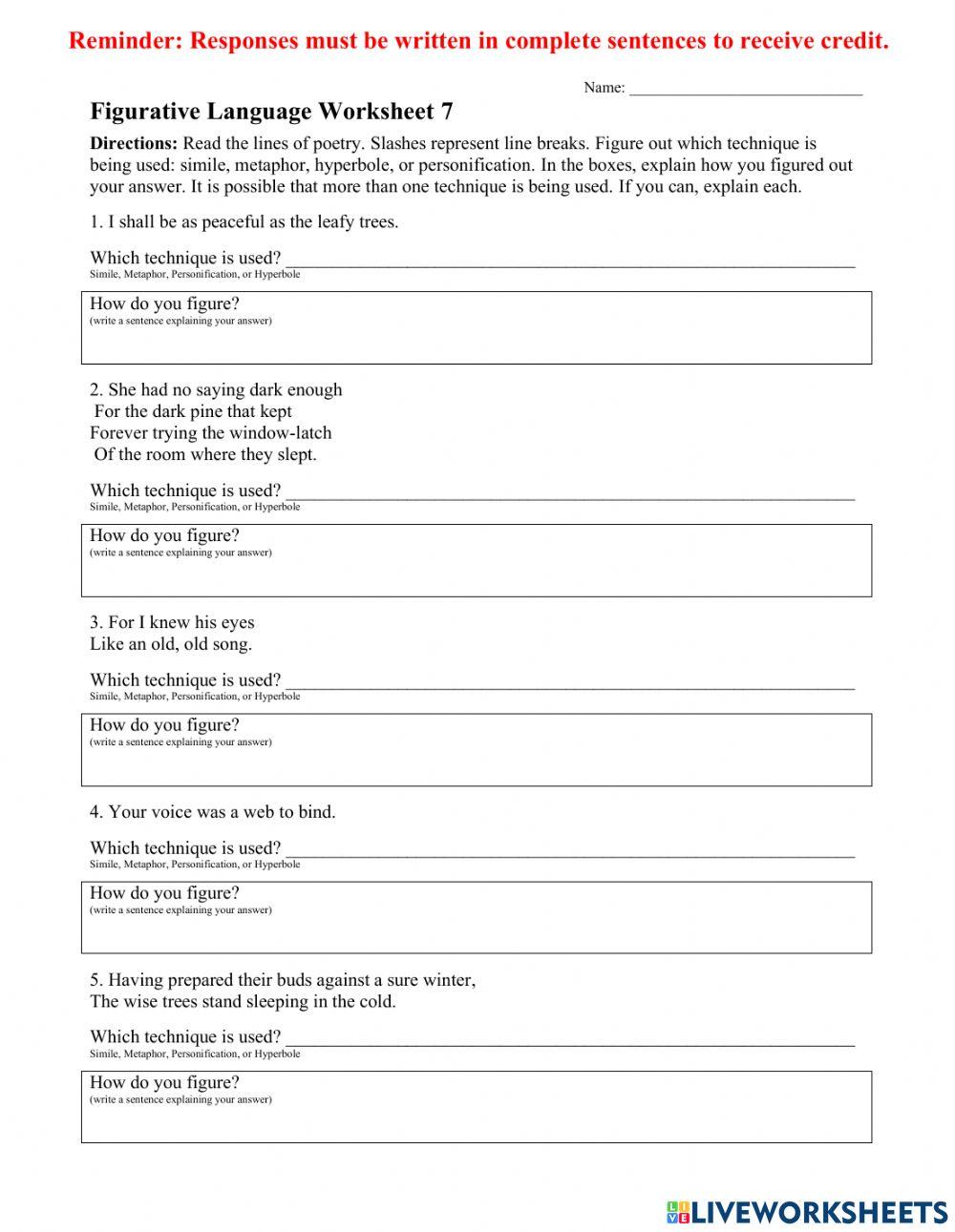 Figurative Language In Poetry 6 online exercise for | Live Worksheets