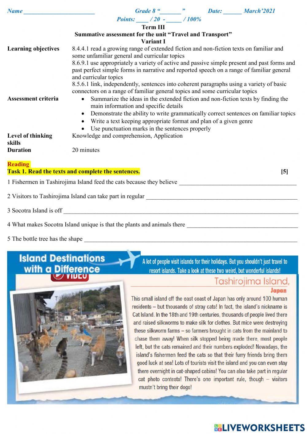 Summative assessment for the unit -Travel and Transport-
