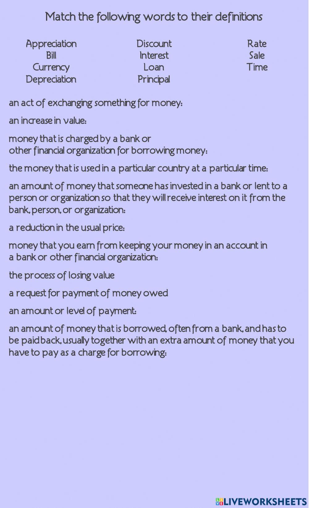 Consumer Mathematics - Definitions worksheet | Live Worksheets