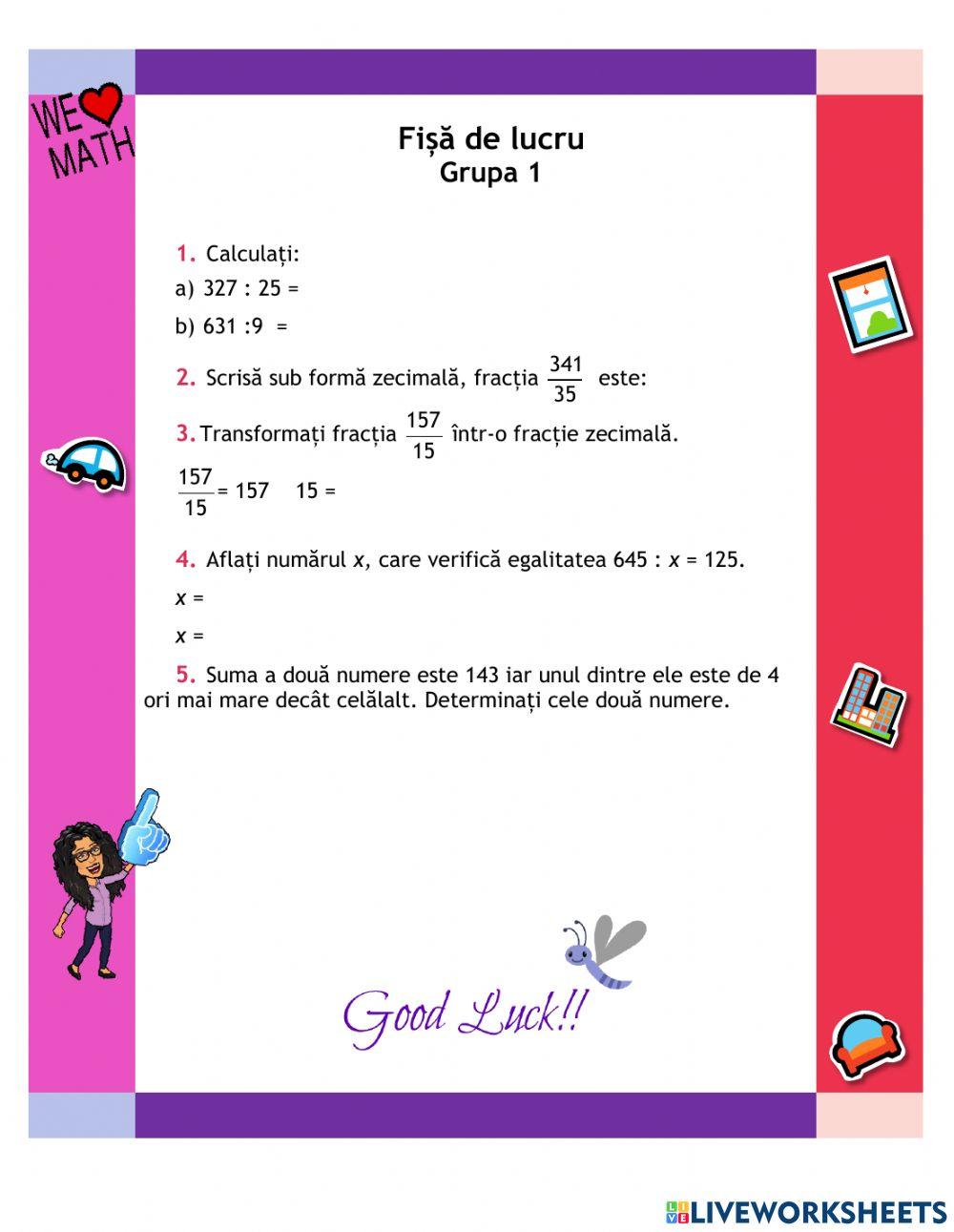 Fișa de lucru nr. 1  - Împărțirea numerelor naturale cu rezultat fracție zecimală