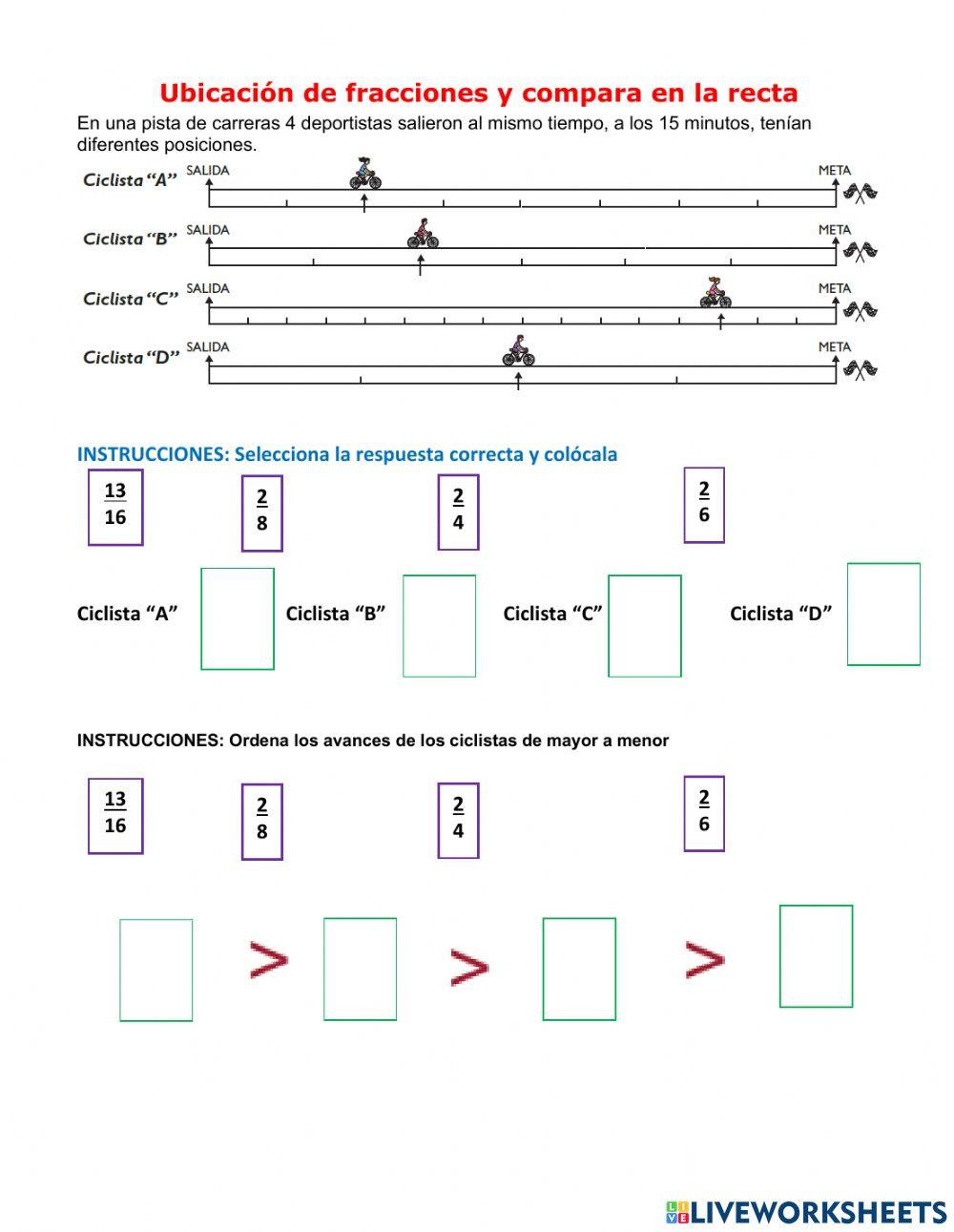 Ubicación de fracciones y compara en la recta