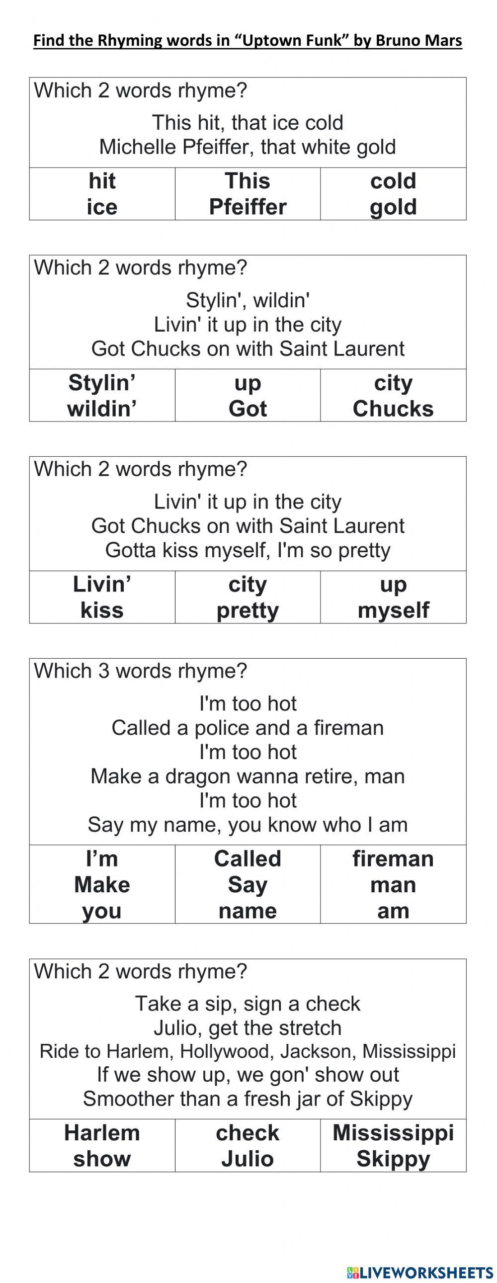 Find the rhyming lyrics in Uptown Funkl