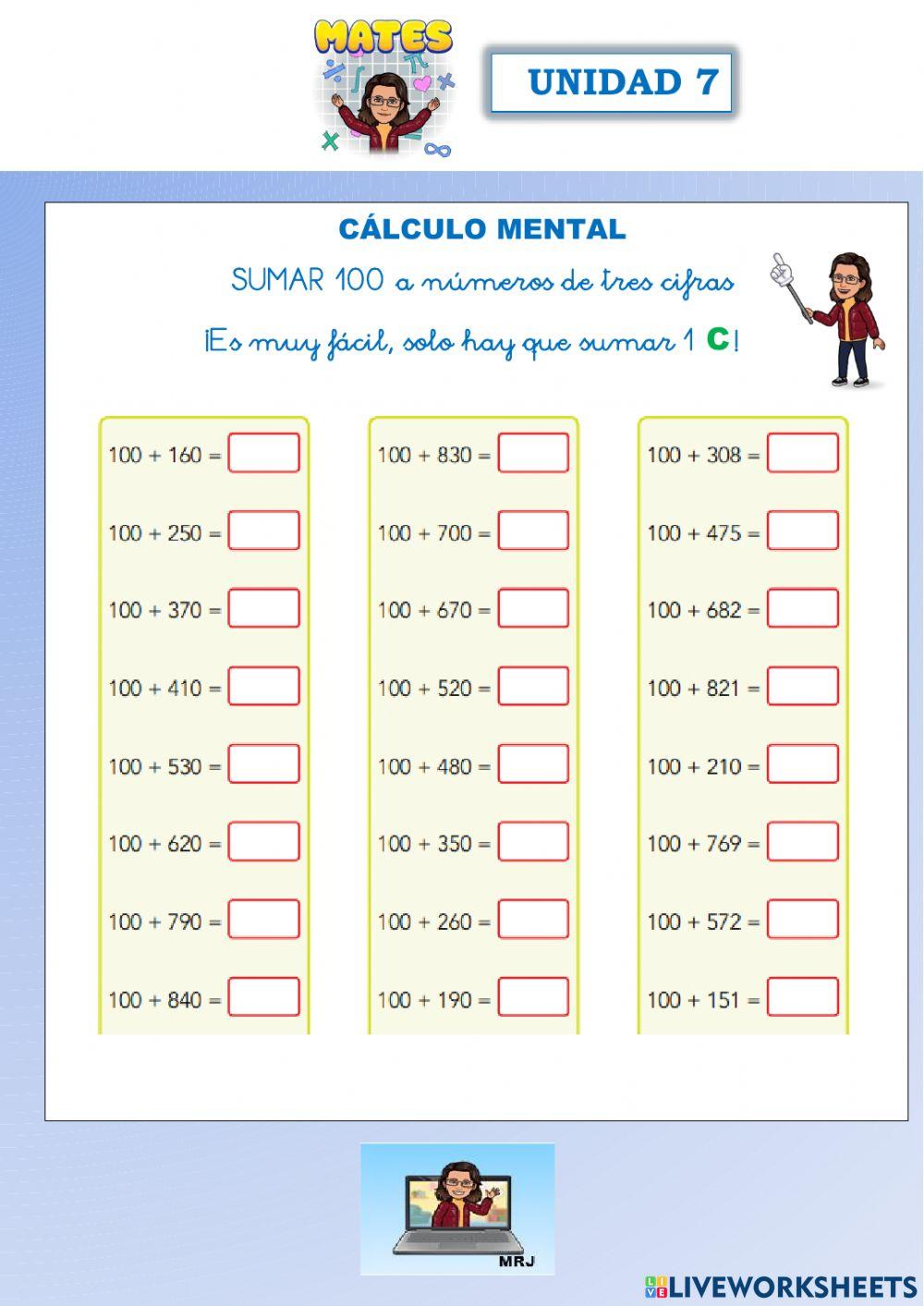 Cálculo mental: sumar 100 a números de tres cifras