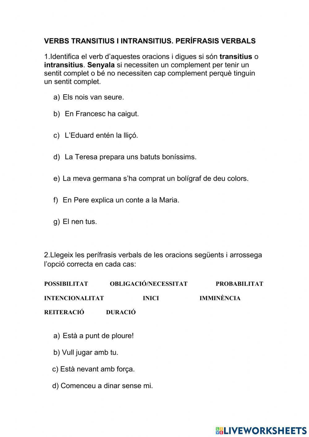 Verbs transitius i intransitius. perífrasis verbals