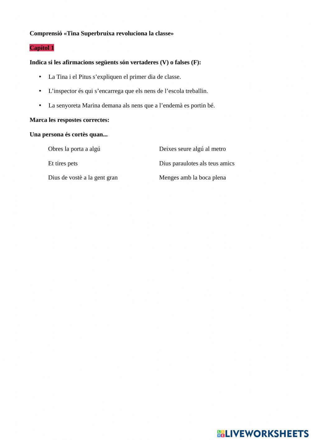 Comprensió lectora Tina superbruixa revoluciona la classe Cap.1