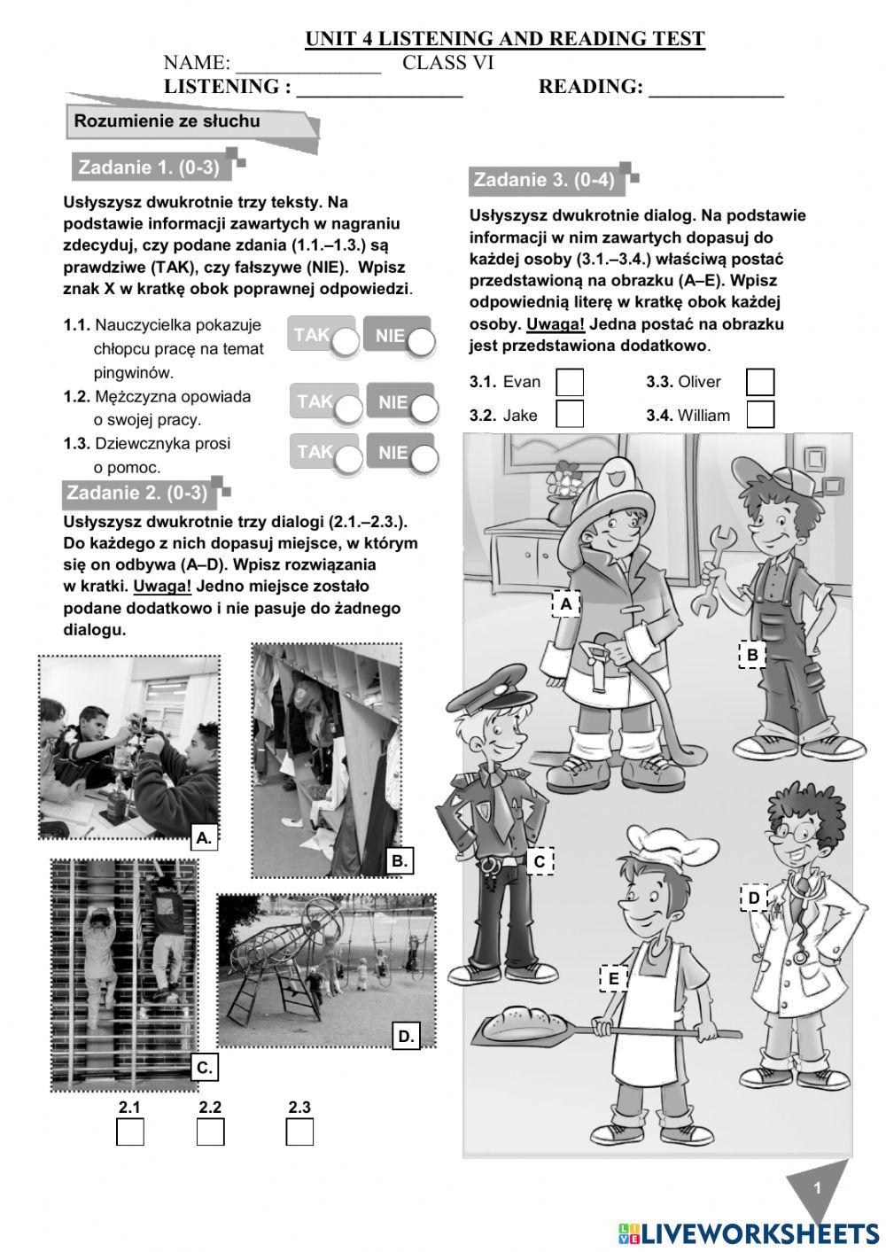 Team up 3UNIT 4 listening and reading test