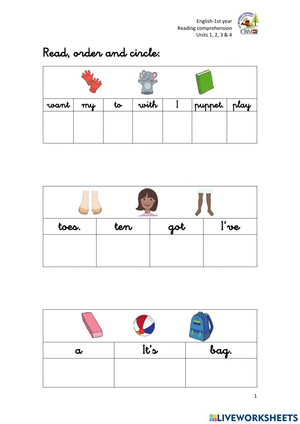 Read, order and circle-school objects, body, clothes, toys