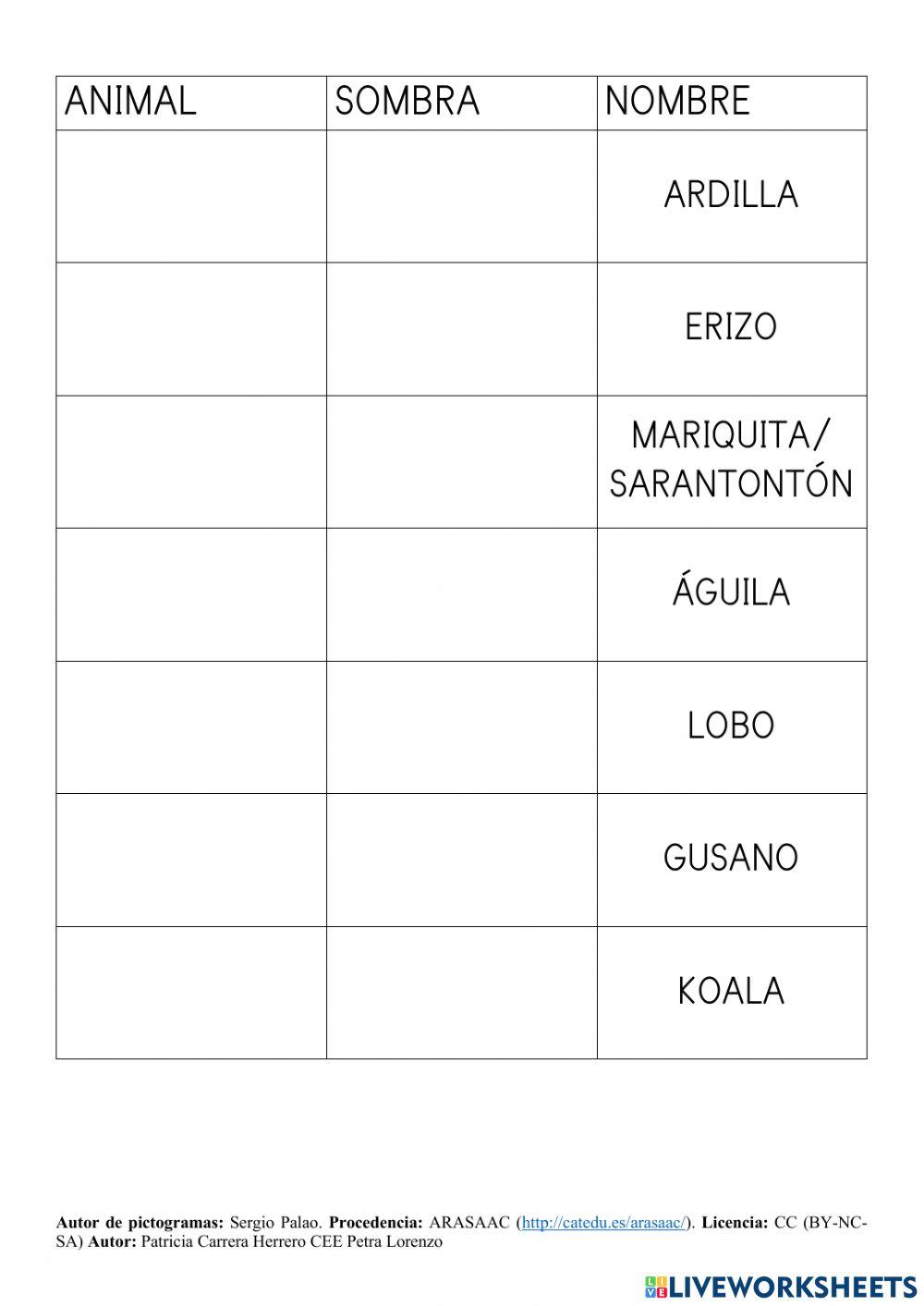 SA Animales. Animales del bosque-Sombra-Nombre