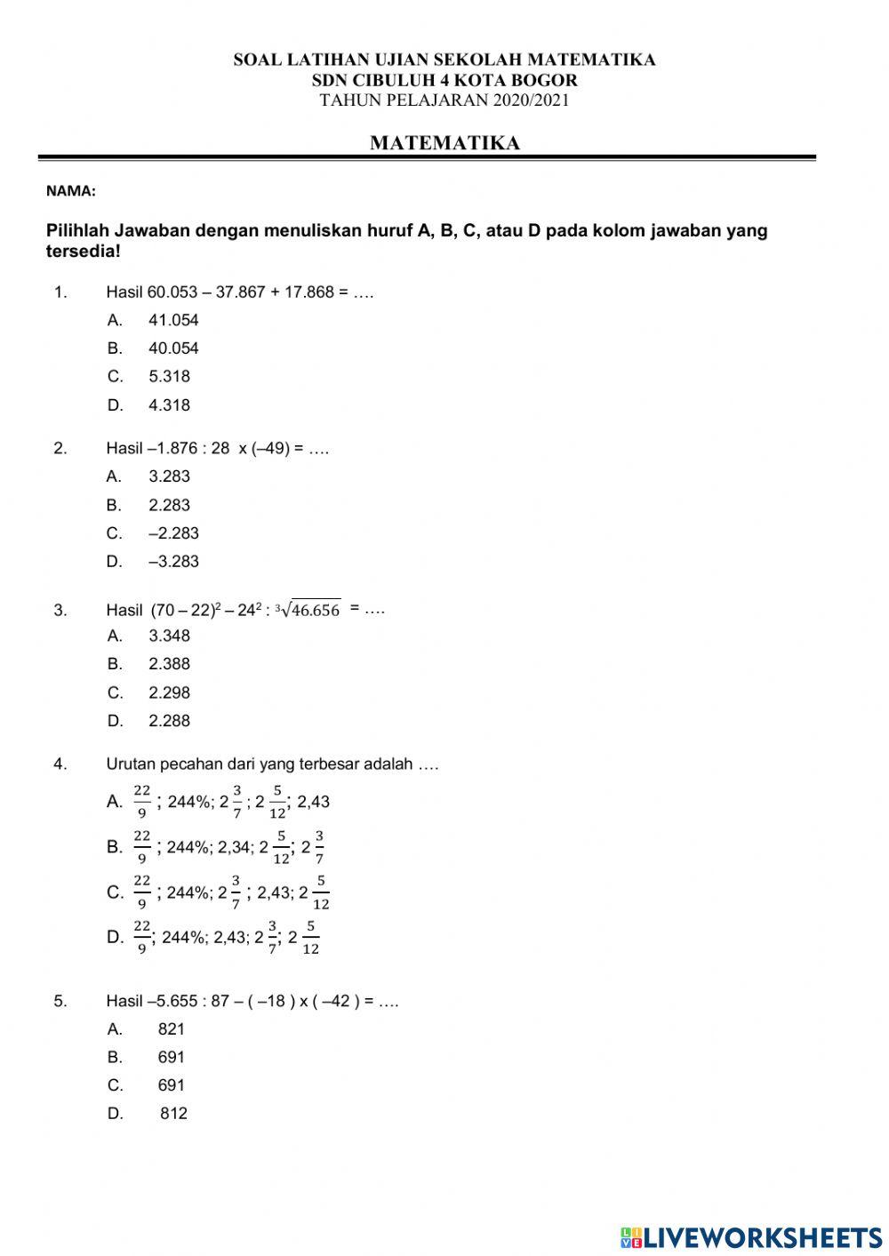 Latihan Sola Ujian Sekolah Matematika