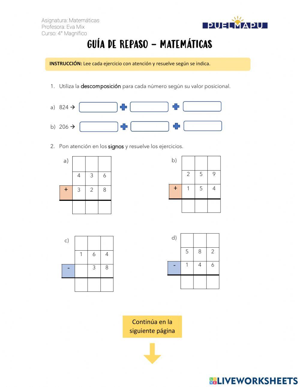 Repaso Adición y sustracción Repaso Adición y sustracción