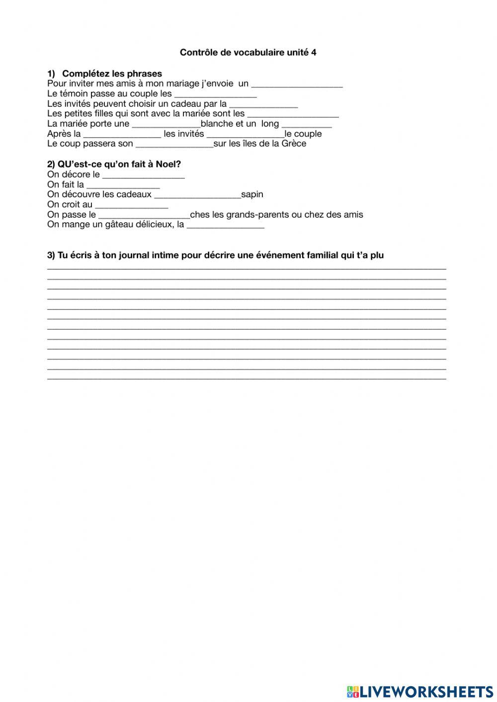 Contrôle de vocabulaire unité 4