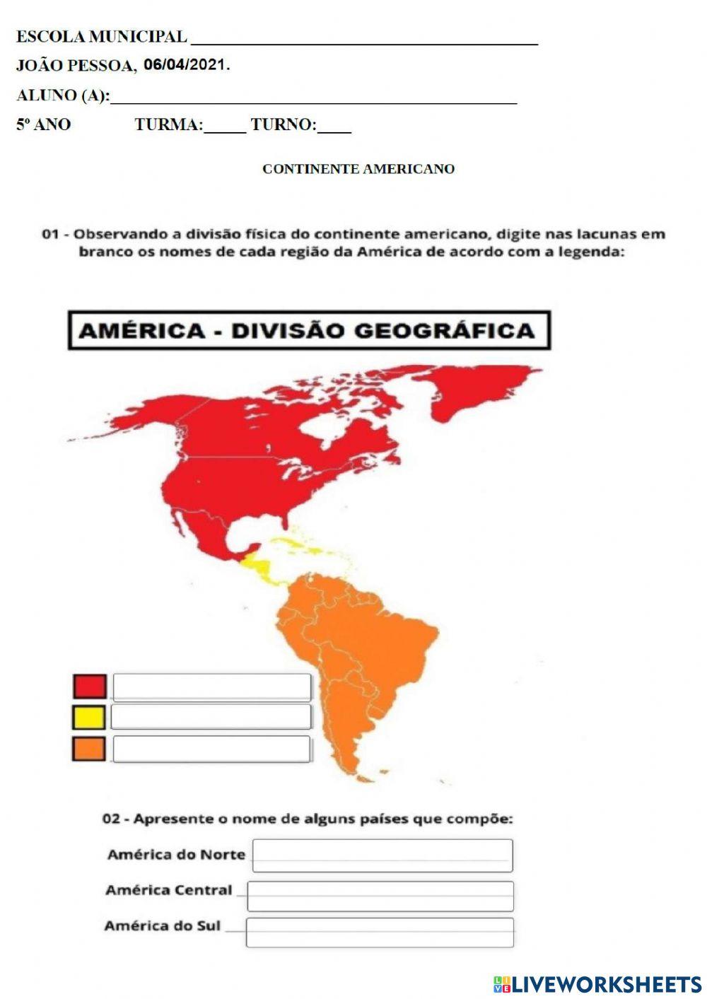 Atividade sobre CONTINENTE AMERICANO