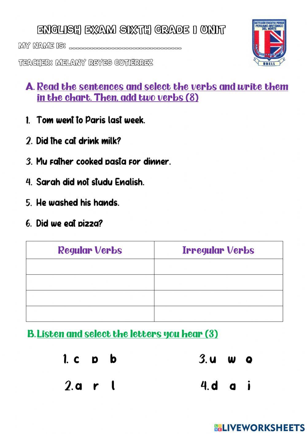 Sixth Grade Exam I Unit